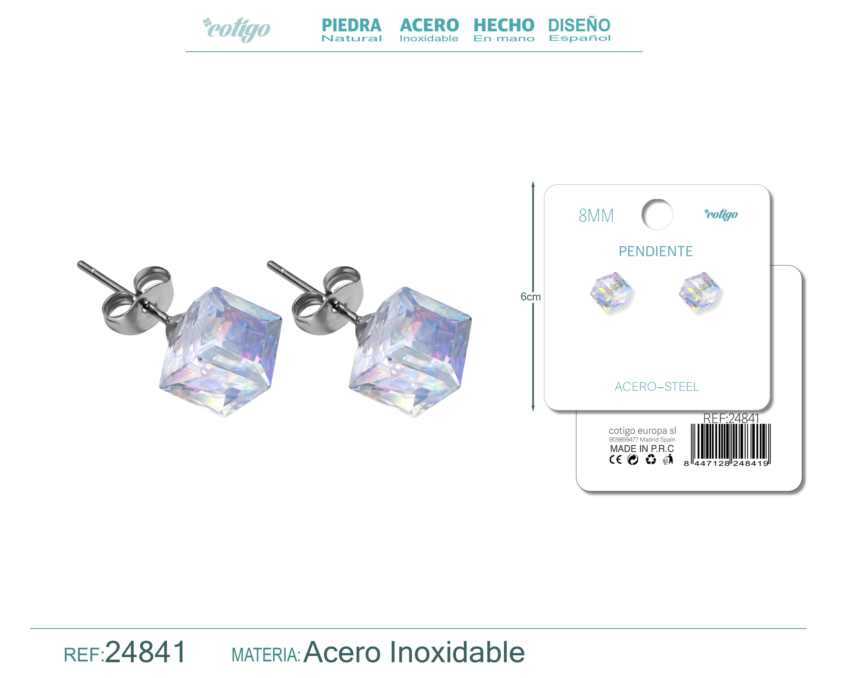 Pendiente de Cristal Cuadrado 8MM con Accesorio Acero
