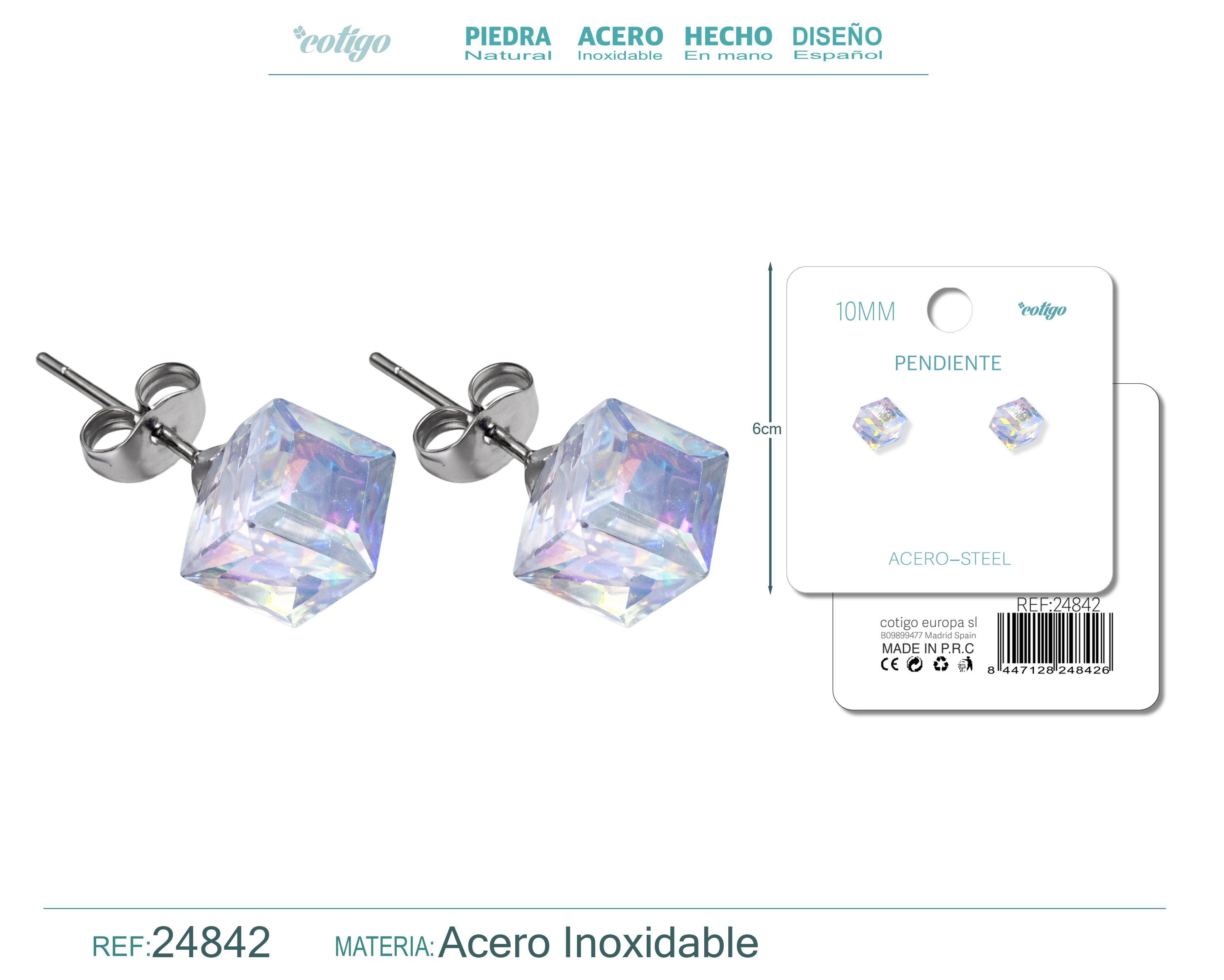 Pendiente de Cristal Cuadrado 10MM con Accesorio Acero