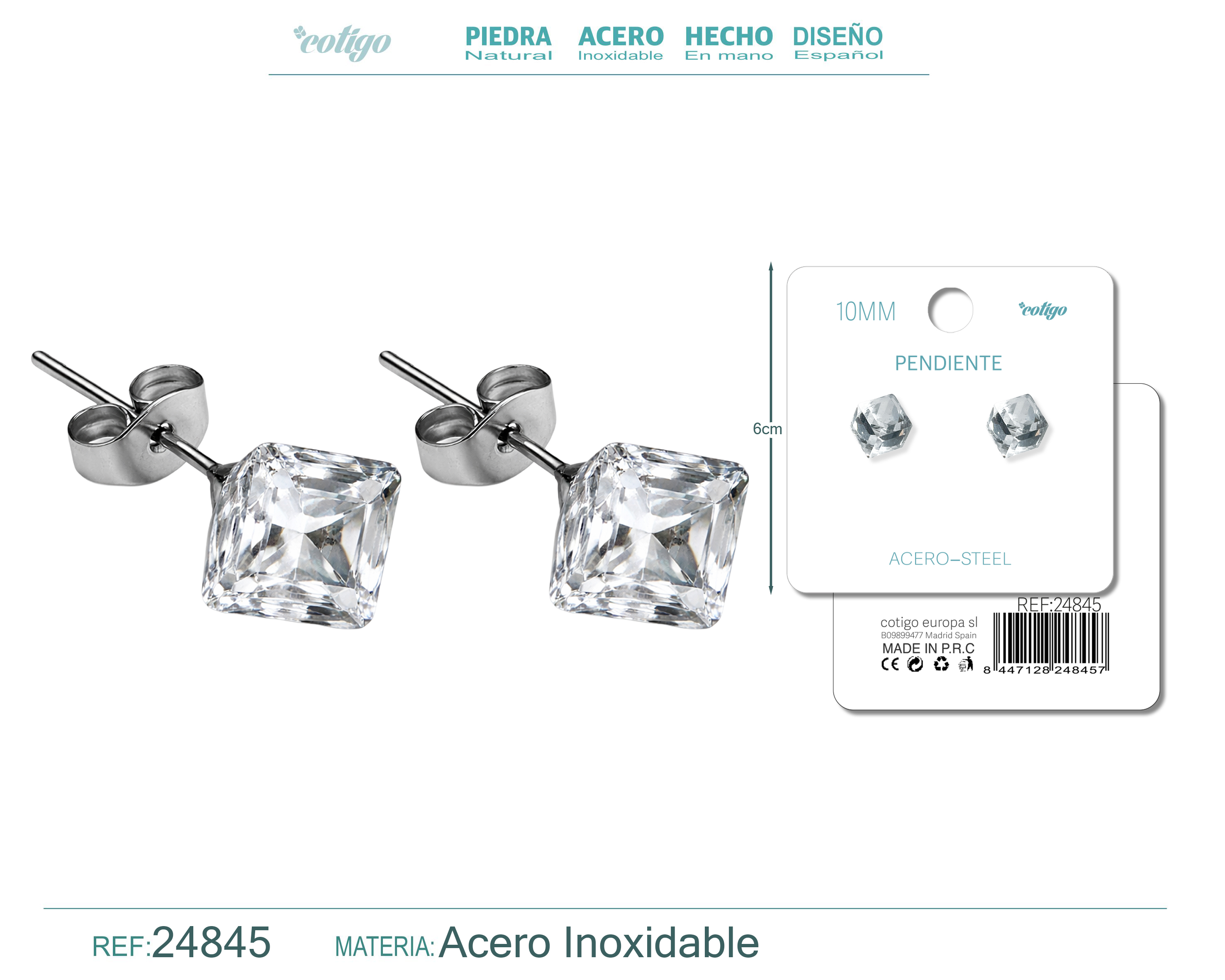 Pendiente de Cristal Cuadrado 10MM con Accesorio Acero