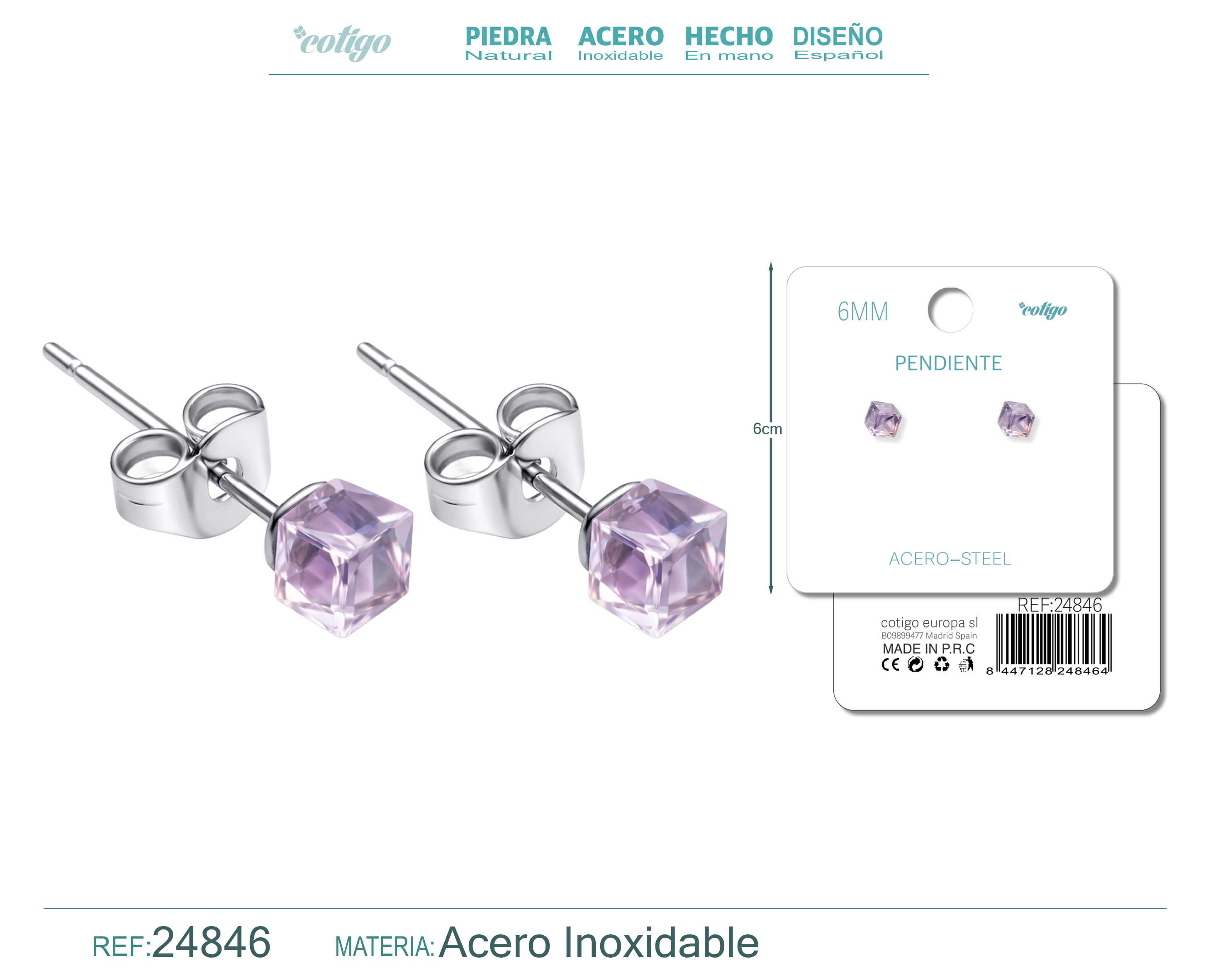 Pendiente de Cristal Cuadrado 6MM con Accesorio Acero