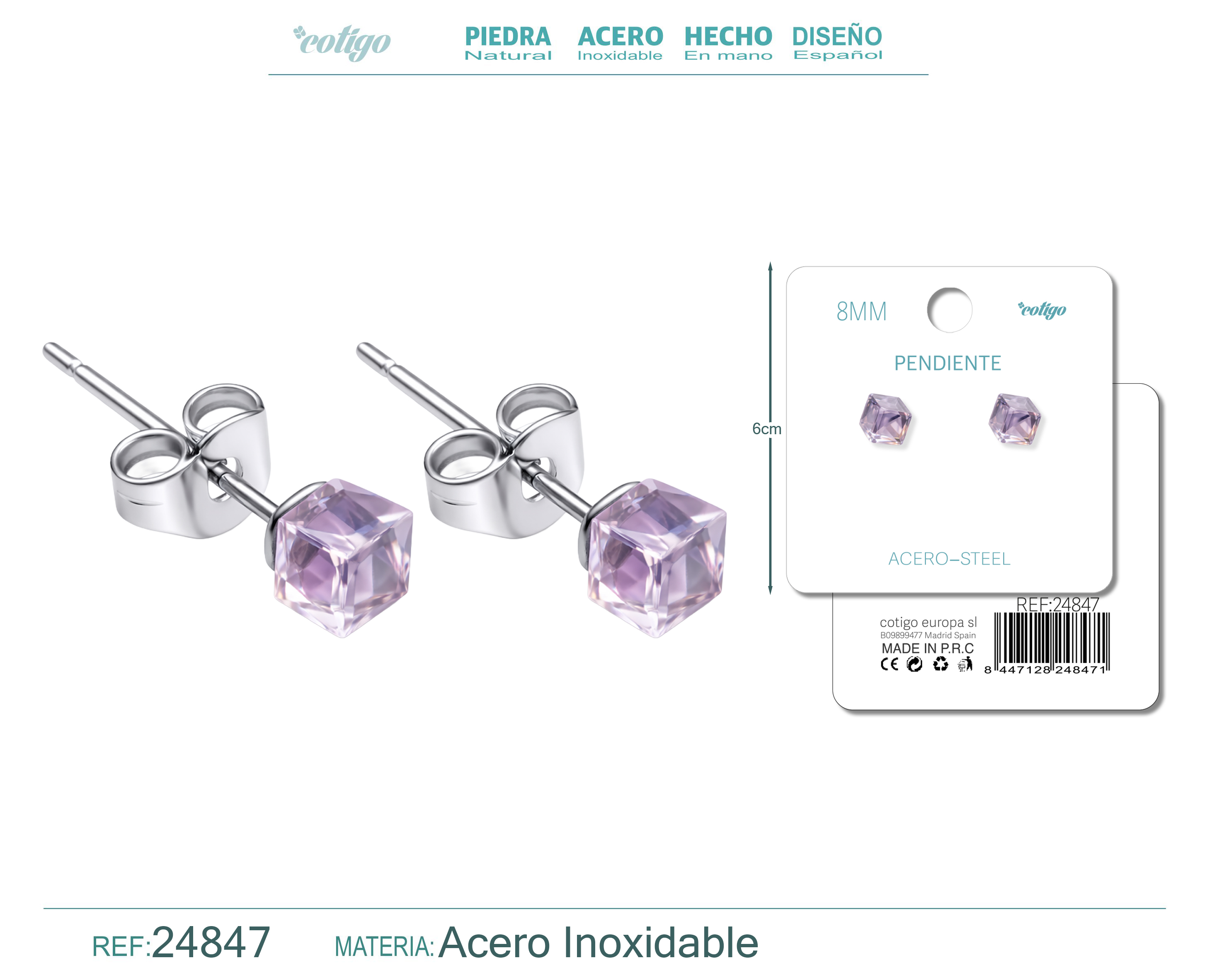 Pendiente de Cristal Cuadrado 8MM con Accesorio Acero