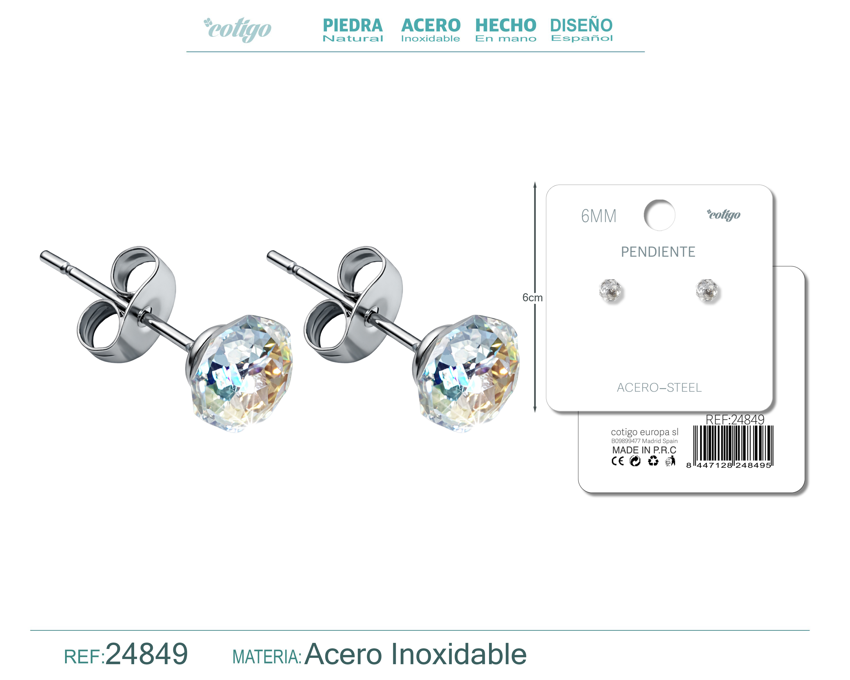 Pendiente de Cristal Ovalado 6MM con Accesorio Acero