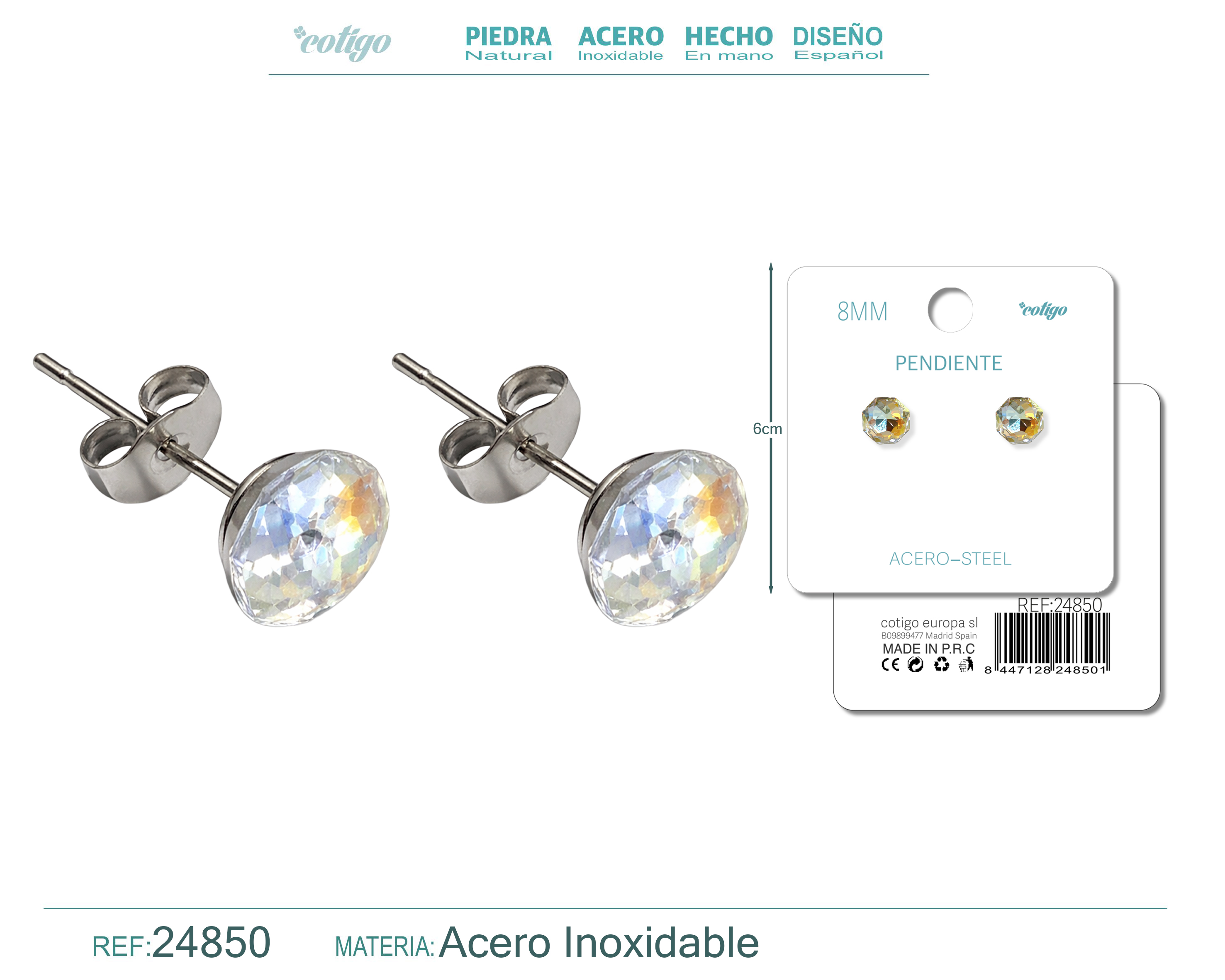 Pendiente de Cristal Ovalado 8MM con Accesorio Acero