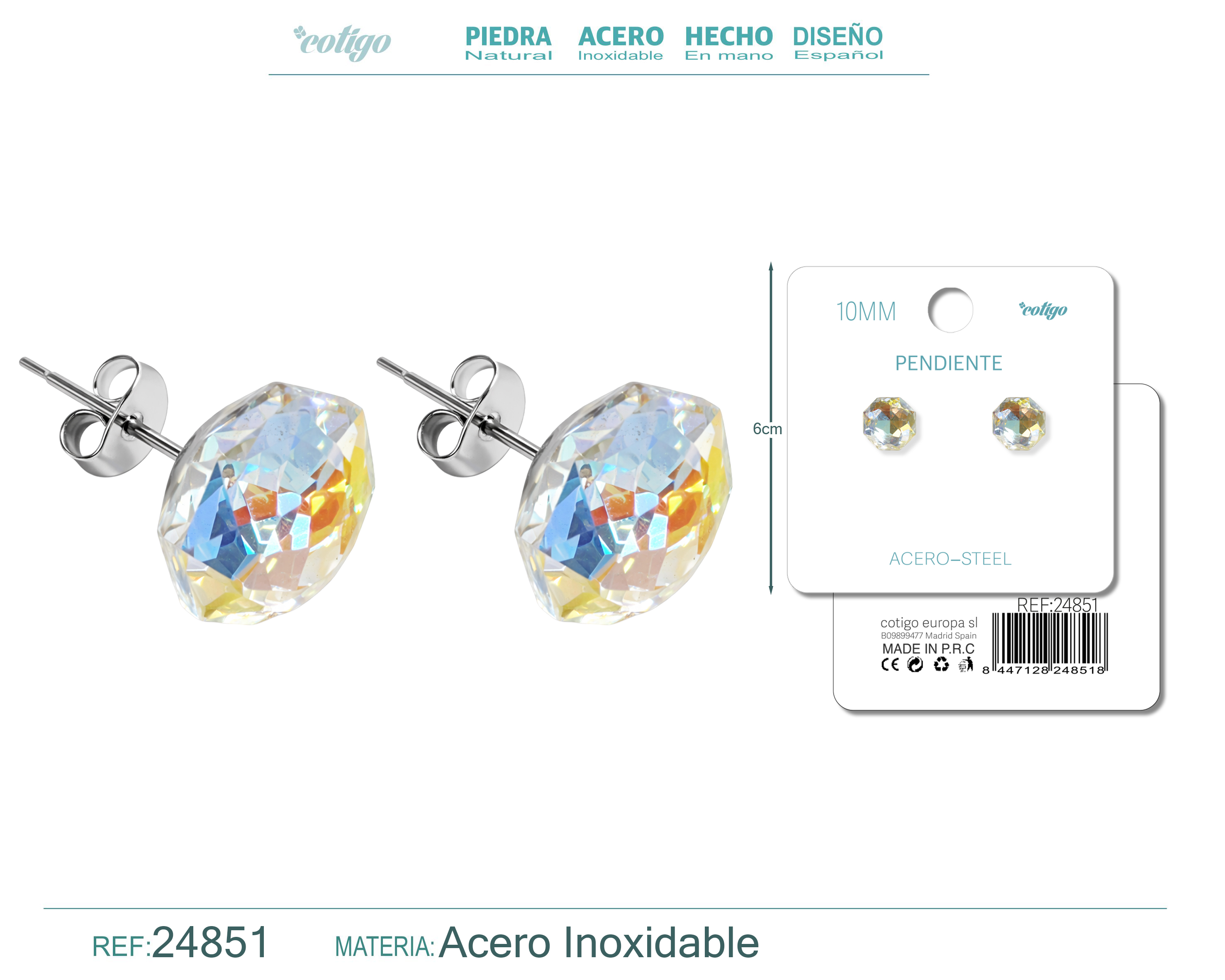 Pendiente de Cristal Ovalado 10MM con Accesorio Acero