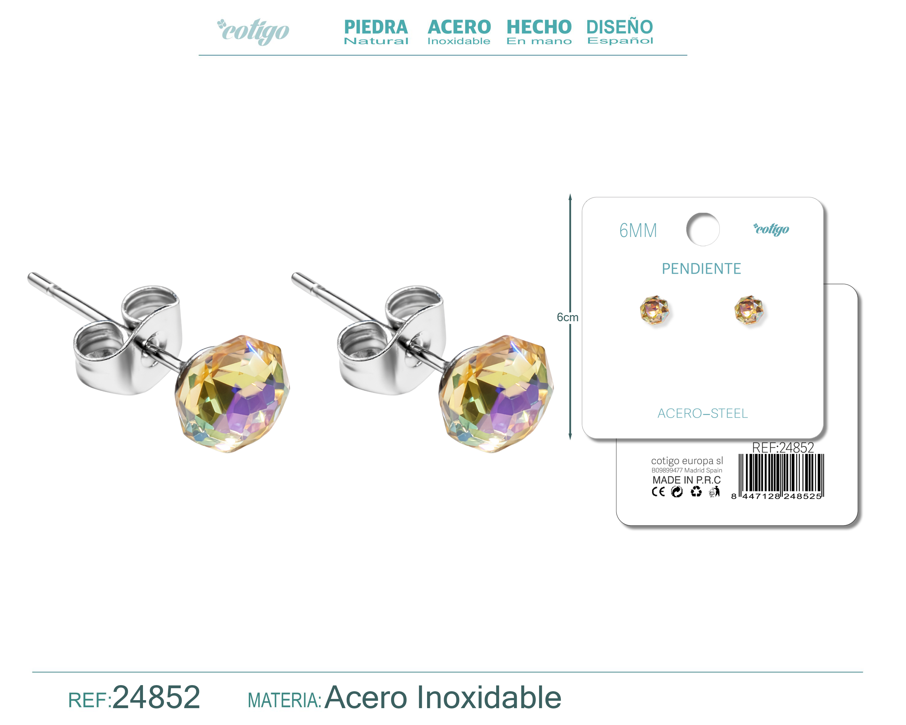 Pendiente de Cristal Ovalado 6MM con Accesorio Acero