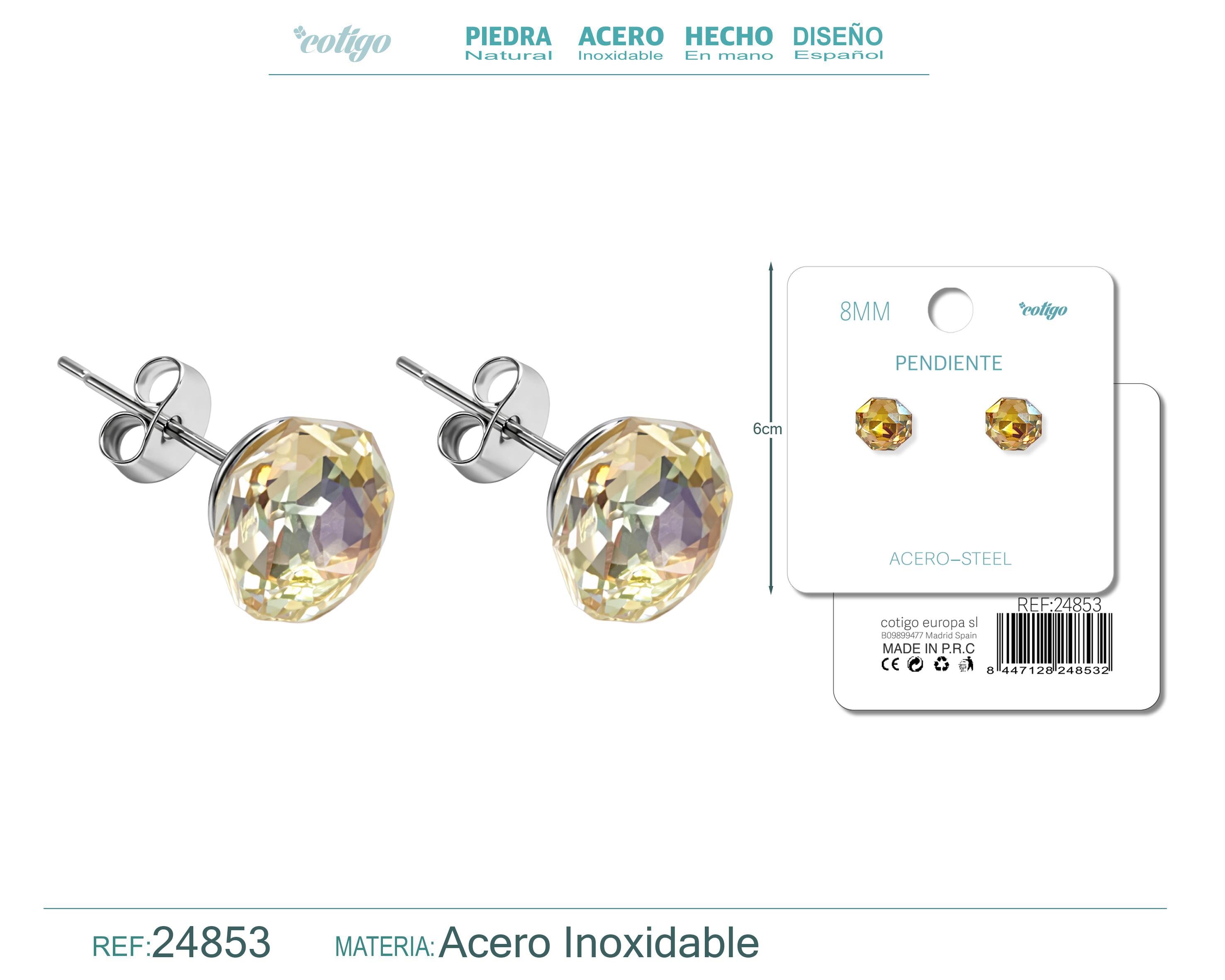 Pendiente de Cristal Ovalado 8MM con Accesorio Acero