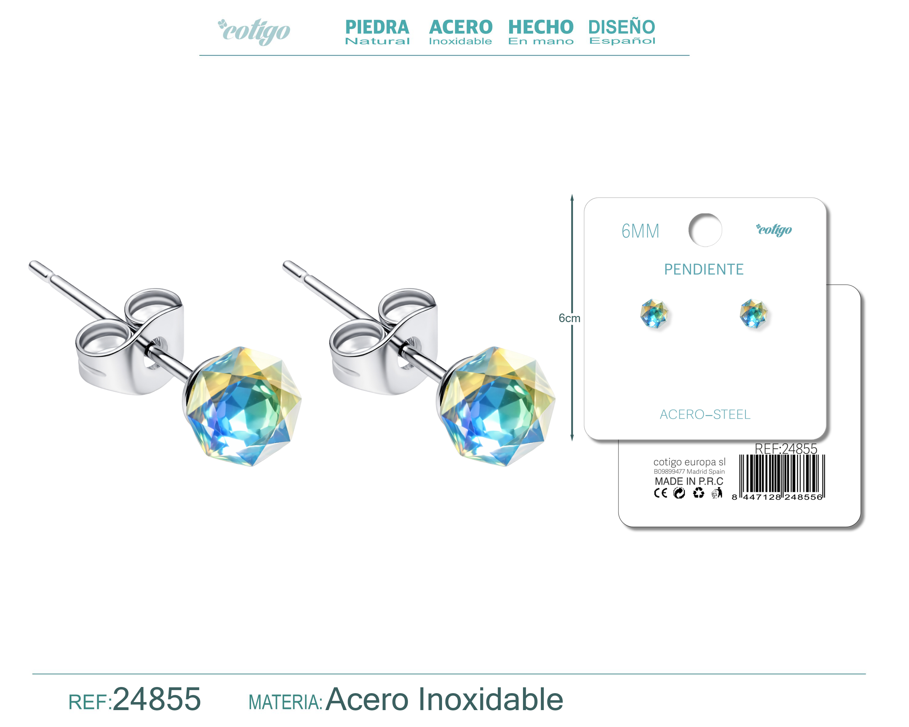 Pendiente de Cristal Ovalado 6MM con Accesorio Acero