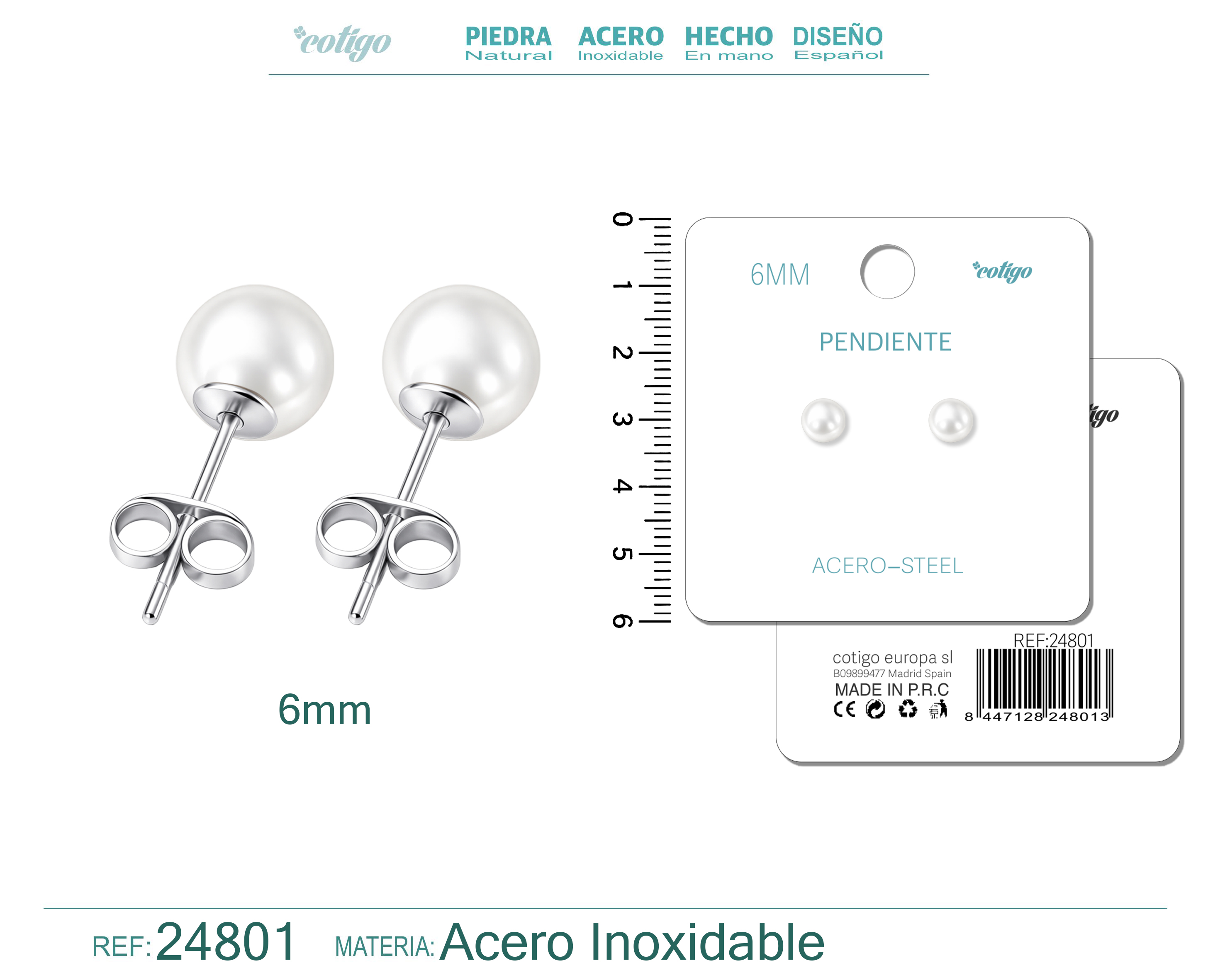 Pendiente de Perla Redonda 6mm con Accesorio Acero
