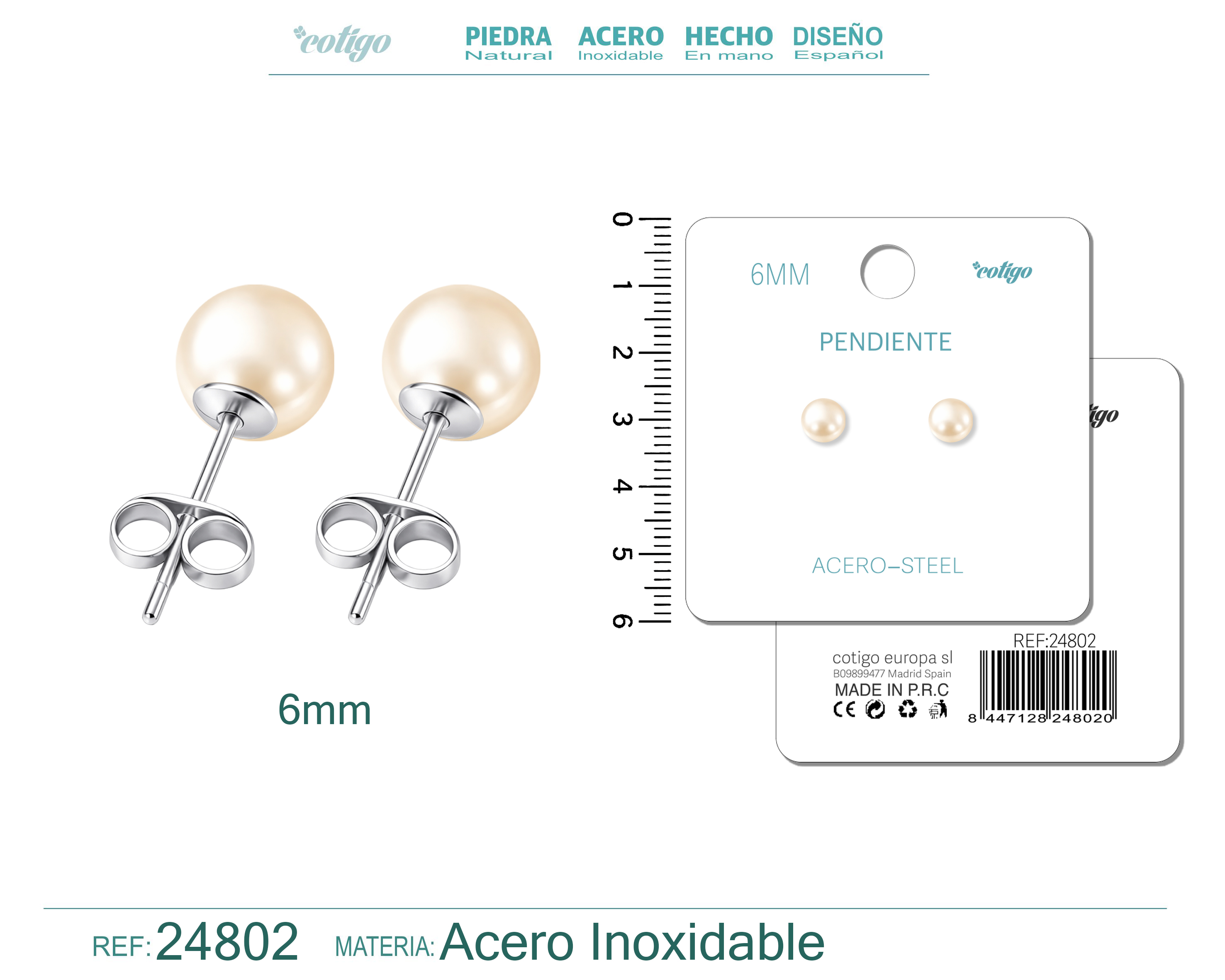 Pendiente de Perla Redonda 6mm con Accesorio Acero