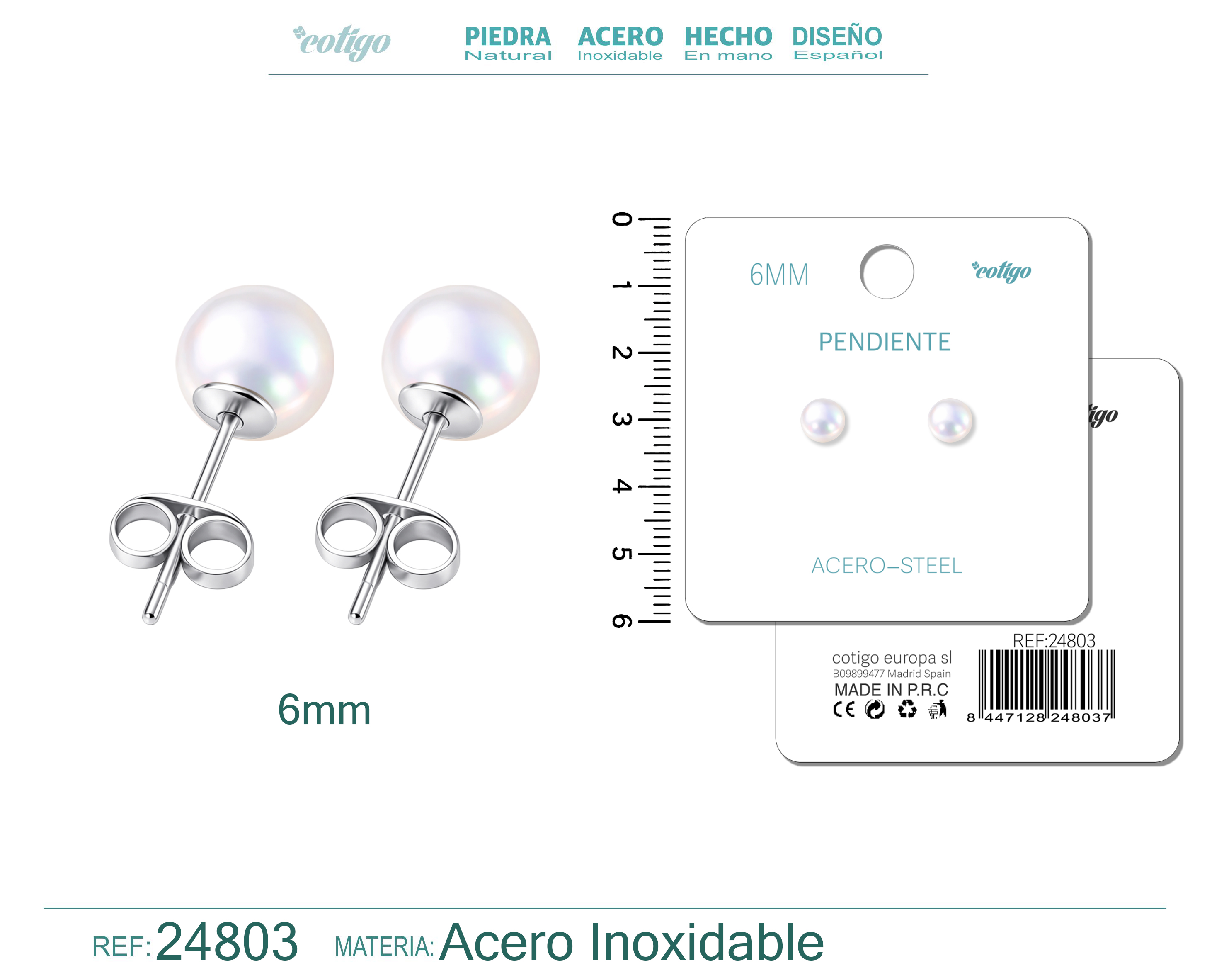 Pendiente de Perla Redonda 6mm con Accesorio Acero