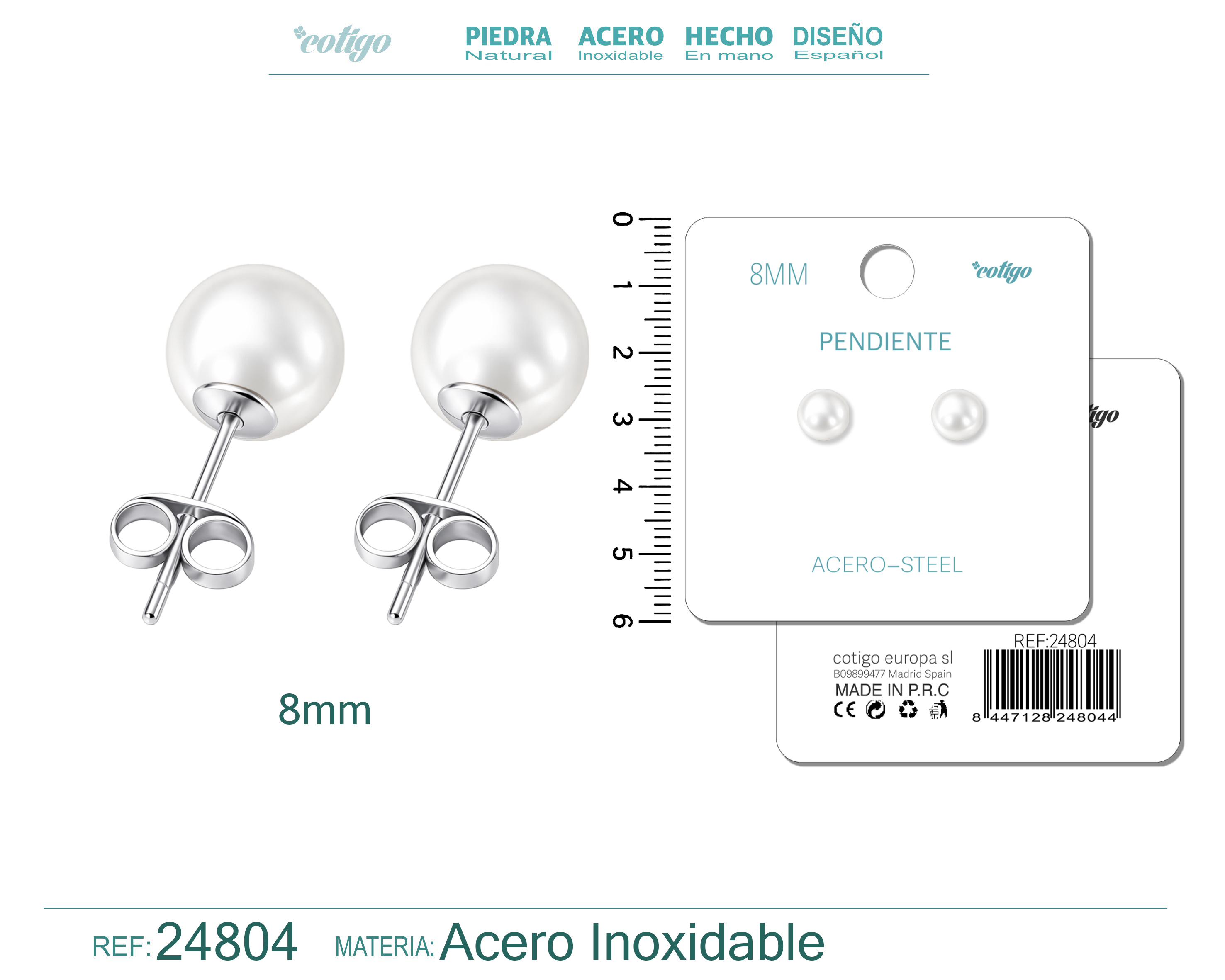 Pendiente de Perla Redonda 8mm con Accesorio Acero