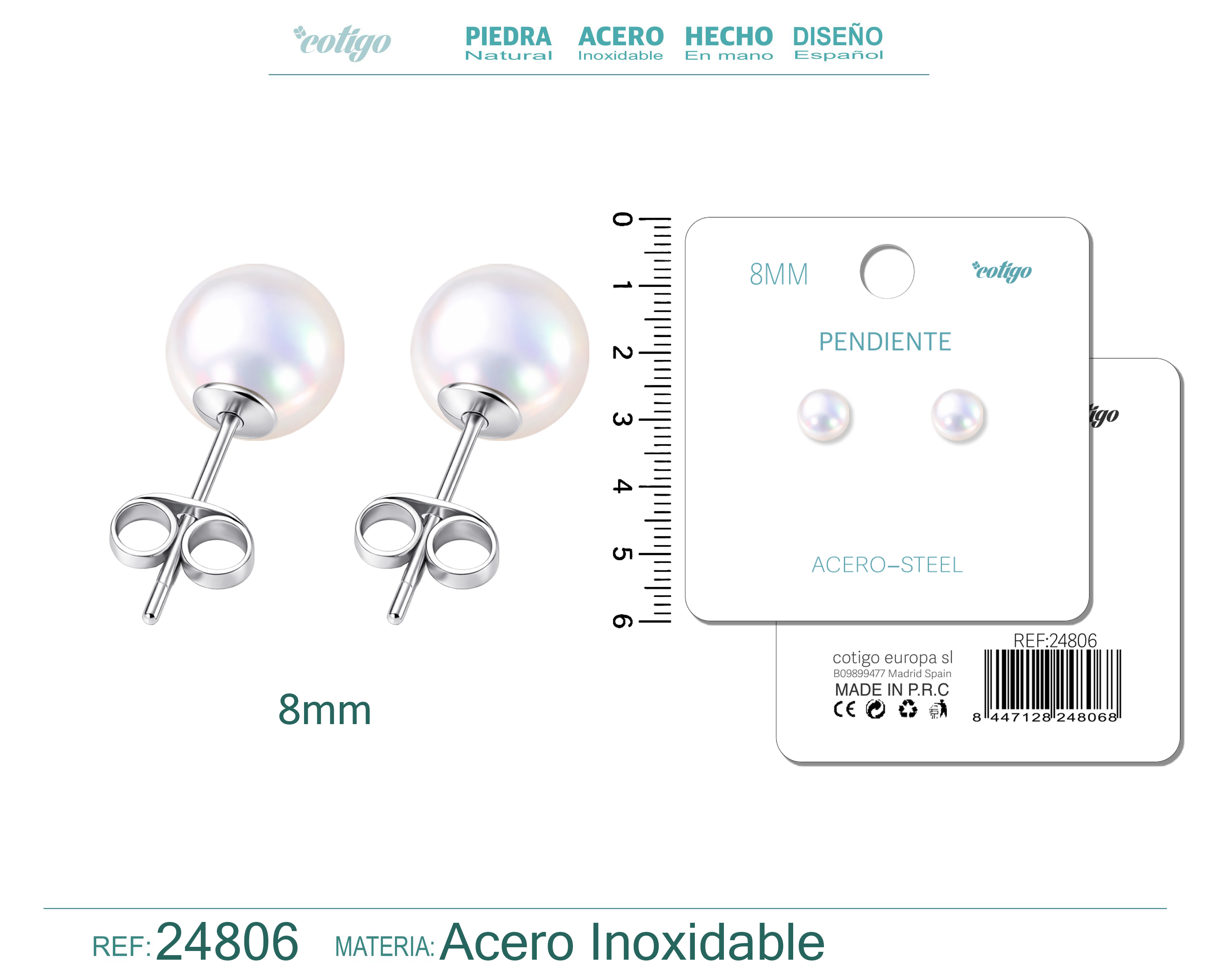 Pendiente de Perla Redonda 8mm con Accesorio Acero