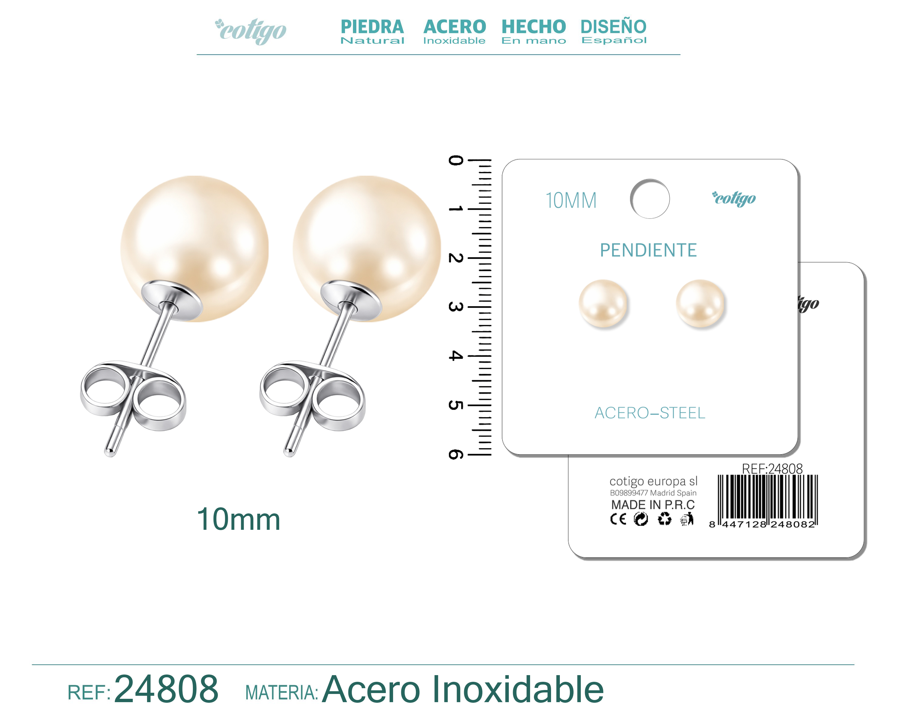 Pendiente de Perla Redonda 10mm con Accesorio Acero