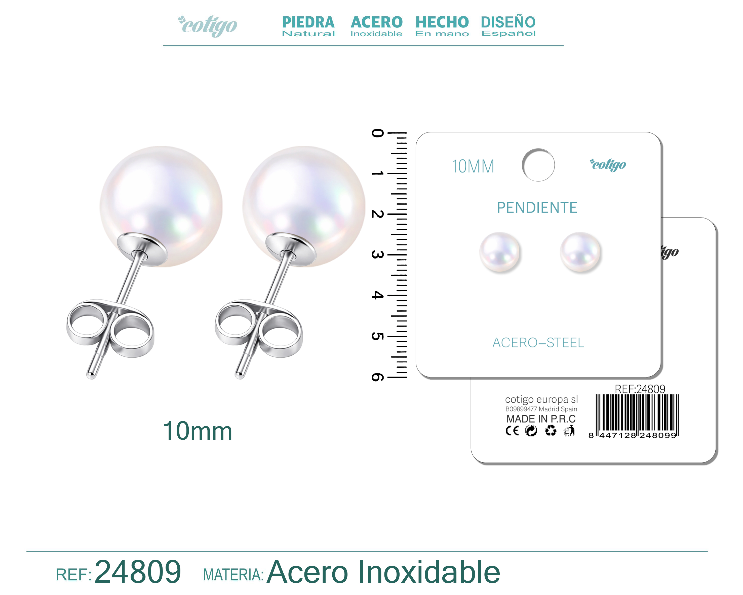 Pendiente de Perla Redonda 10mm con Accesorio Acero