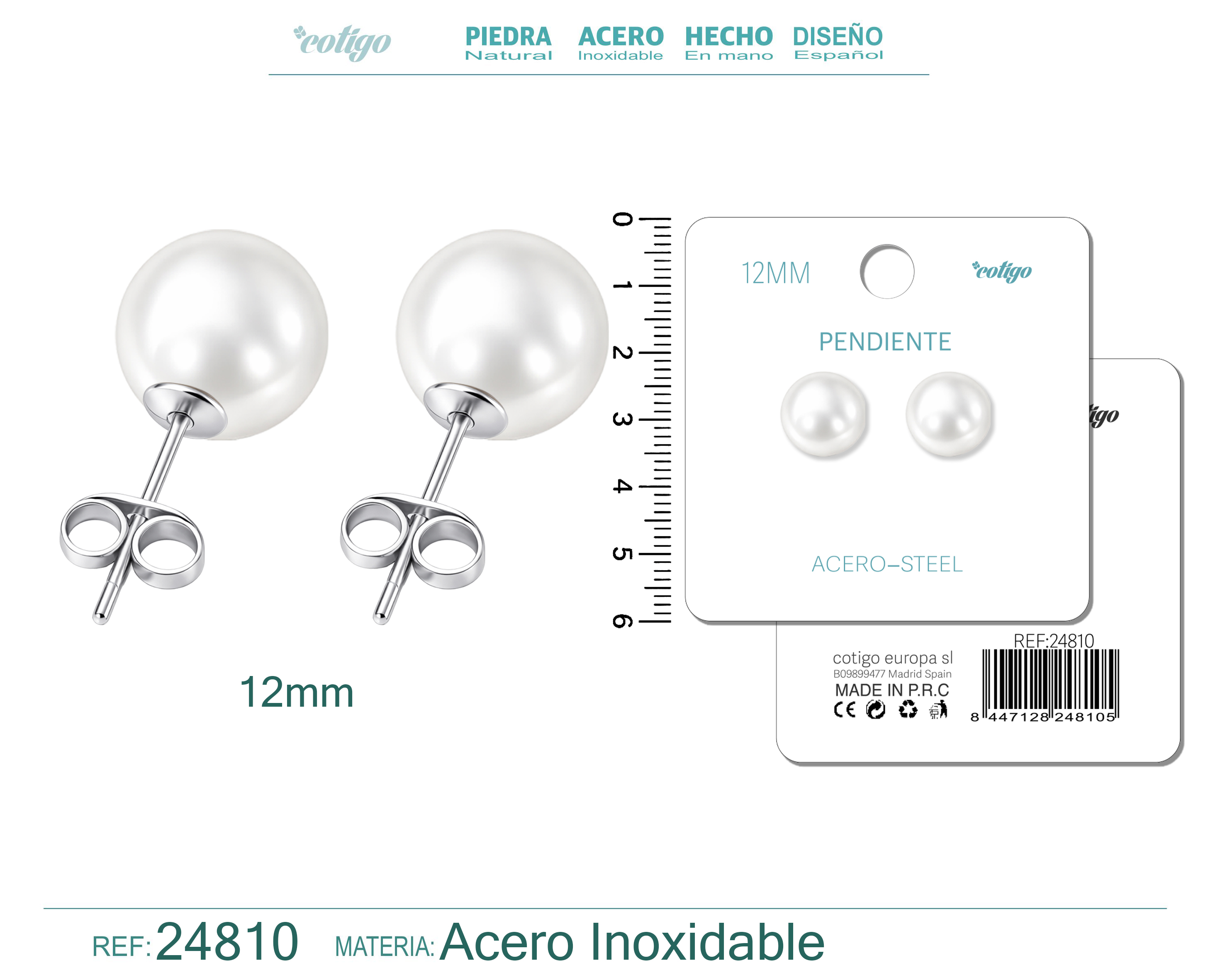 Pendiente de Perla Redonda 12mm con Accesorio Acero