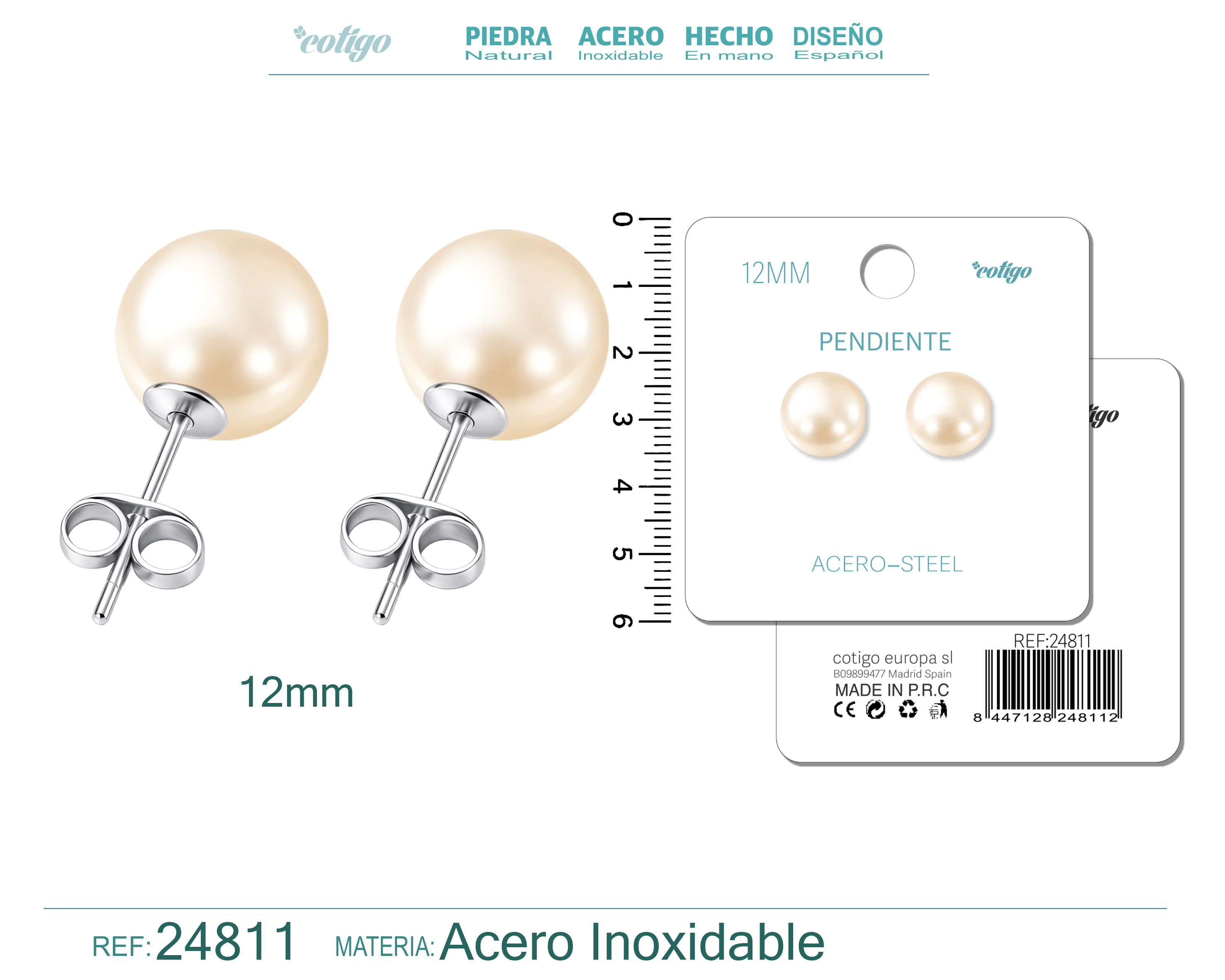 Pendiente de Perla Redonda 12mm con Accesorio Acero