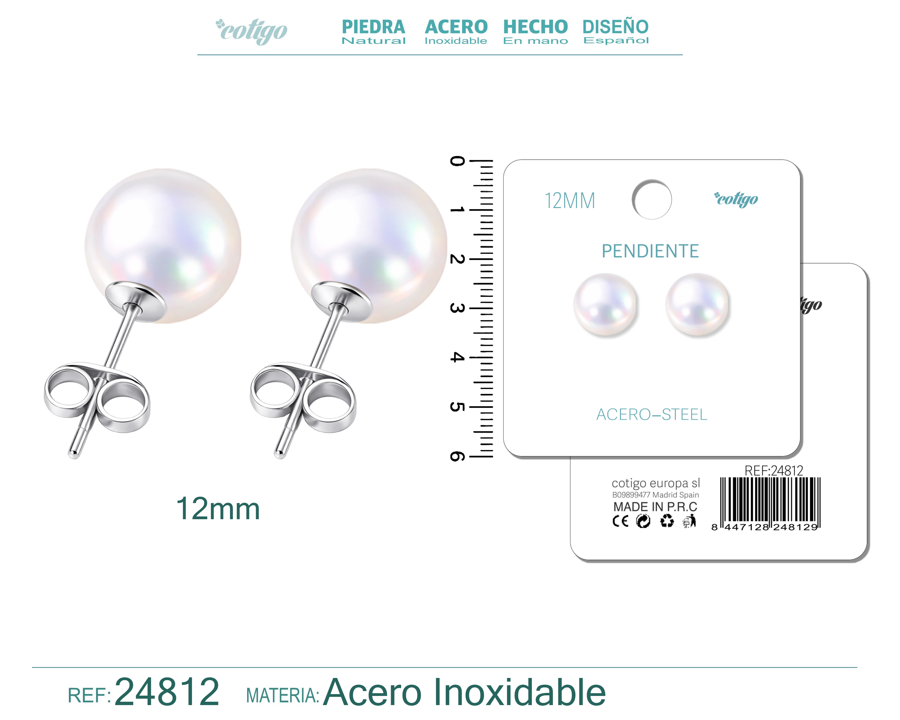Pendiente de Perla Redonda 12mm con Accesorio Acero