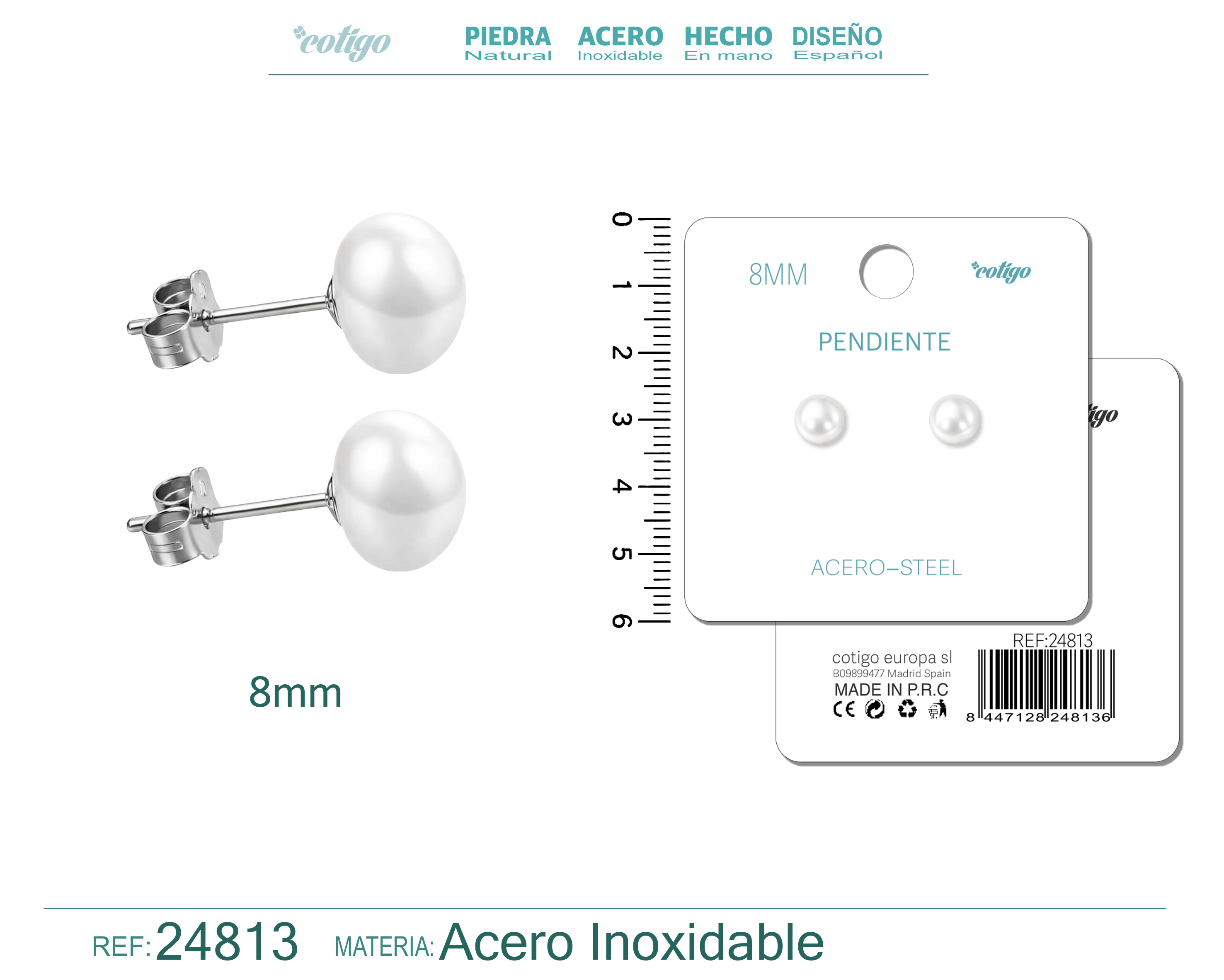 Pendiente de Perla Ovlada 8mm con Accesorio Acero