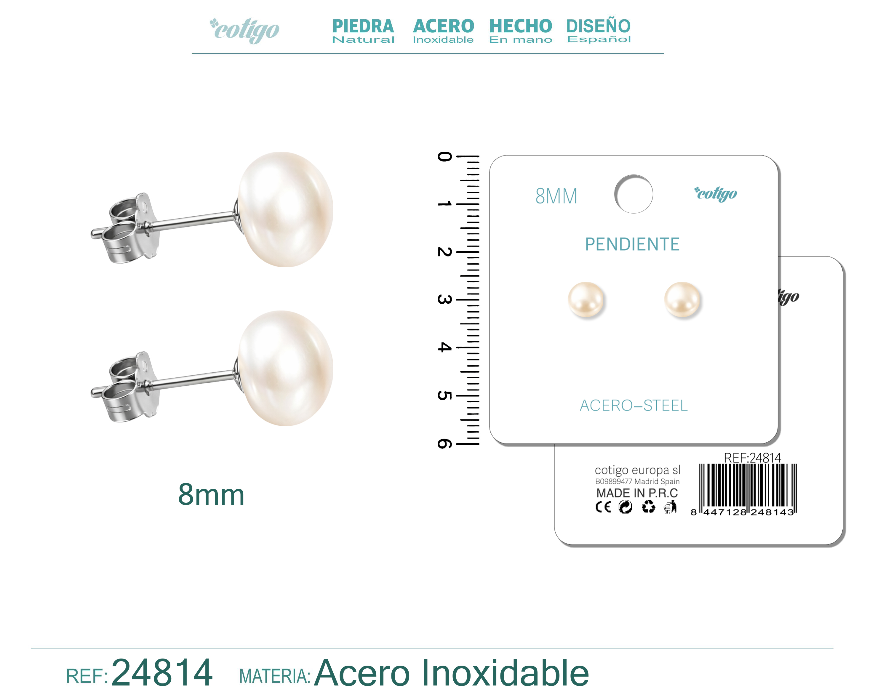 Pendiente de Perla Ovlada 8mm con Accesorio Acero