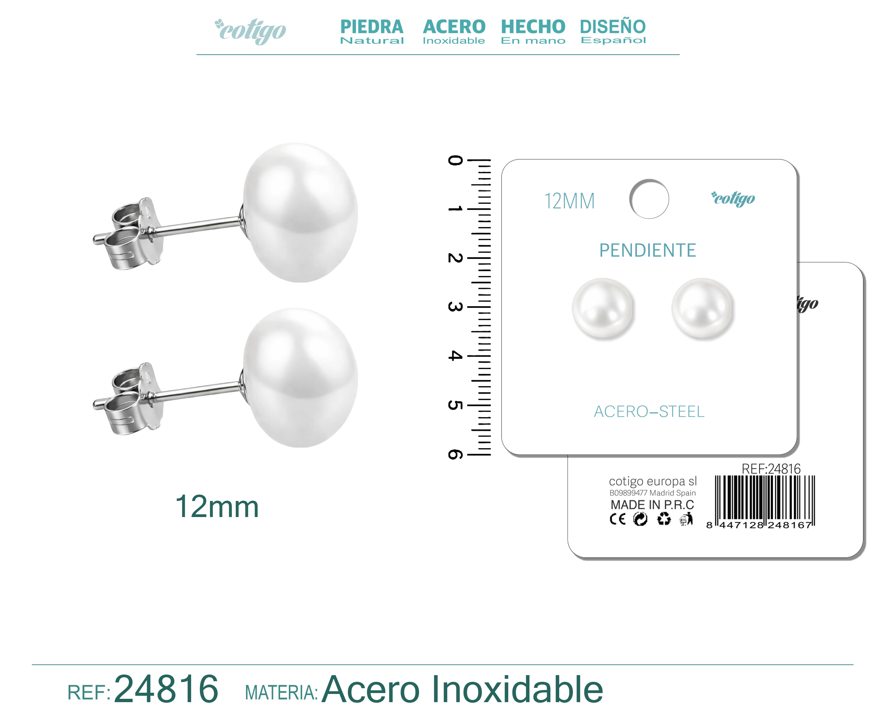Pendiente de Perla Ovlada 12mm con Accesorio Acero