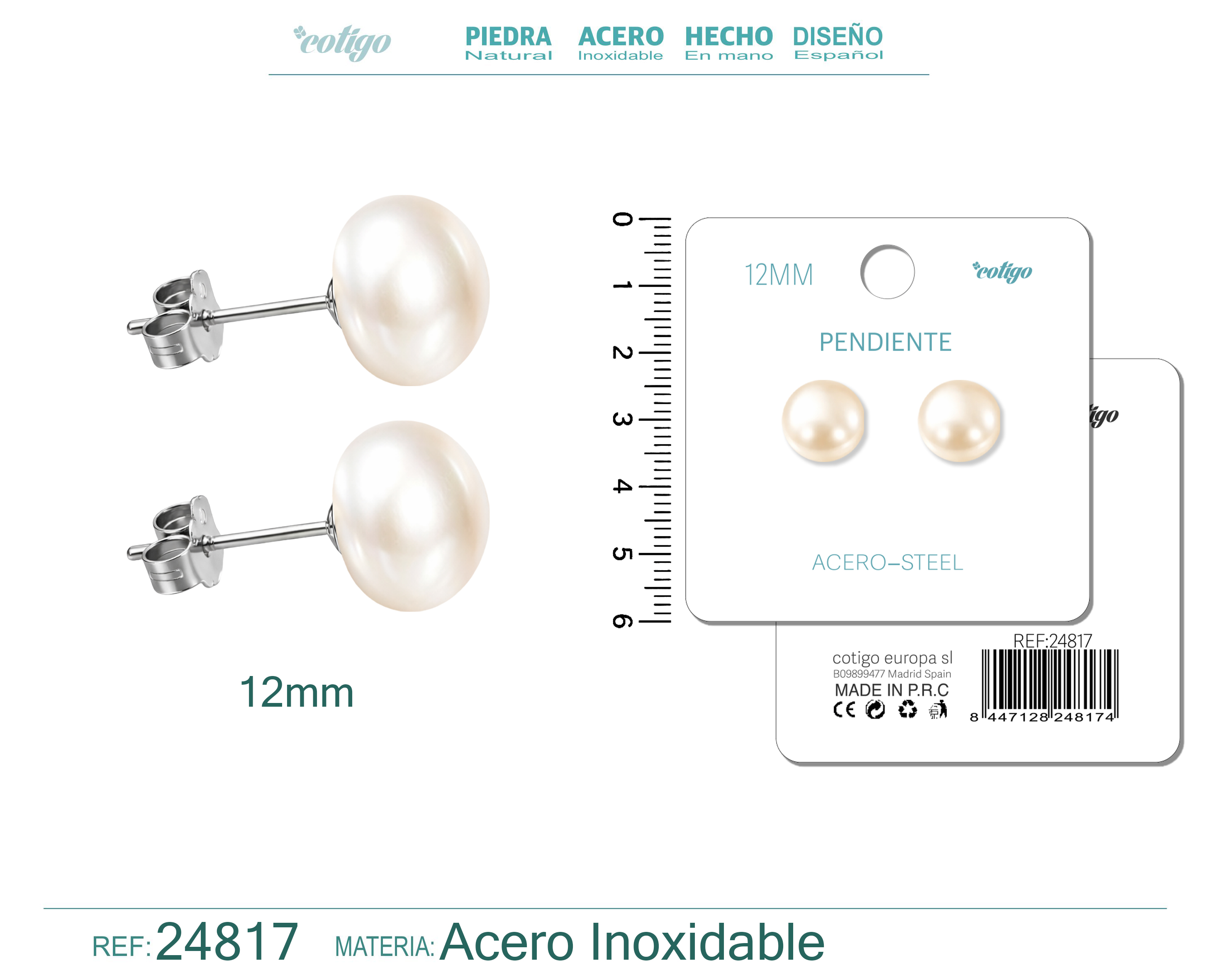 Pendiente de Perla Ovlada 12mm con Accesorio Acero