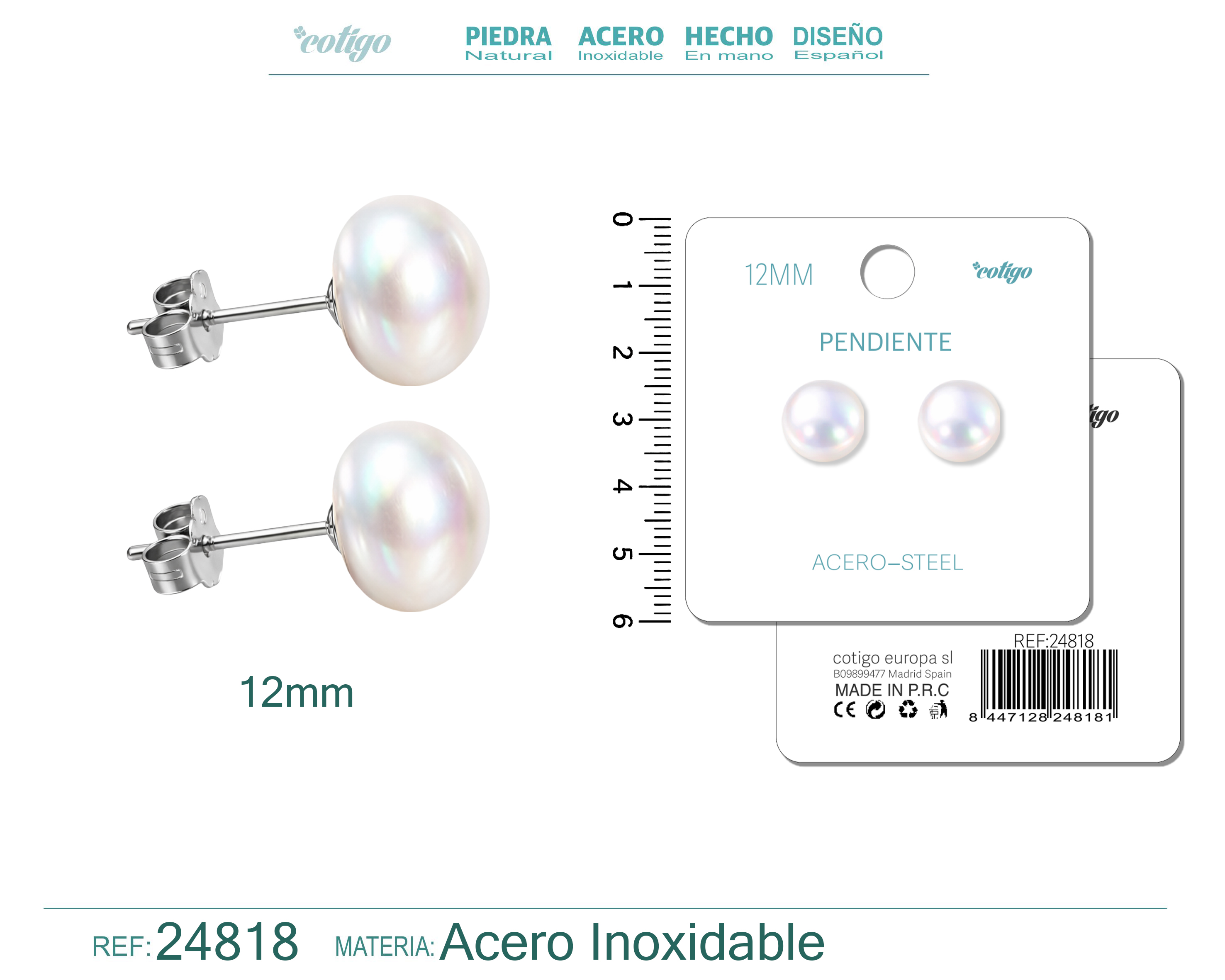 Pendiente de Perla Ovlada 12mm con Accesorio Acero