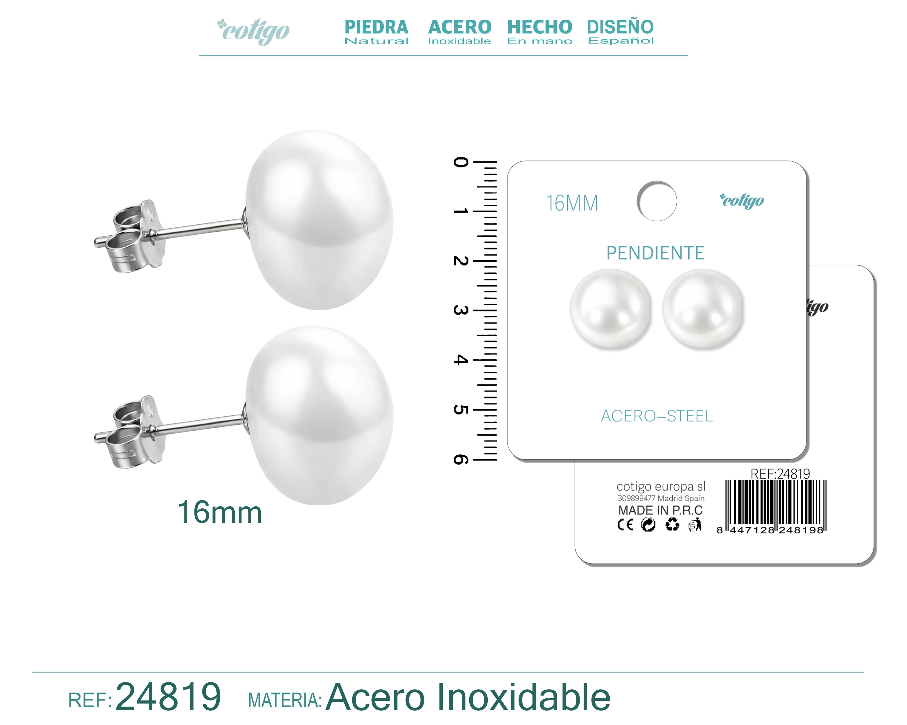 Pendiente de Perla Ovlada 16mm con Accesorio Acero