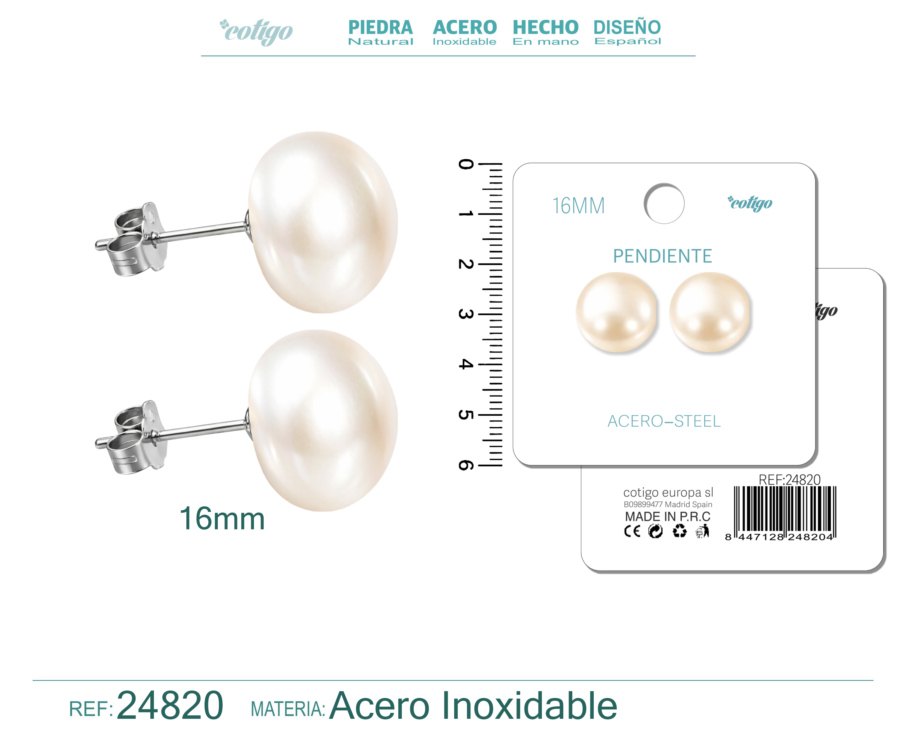 Pendiente de Perla Ovlada 16mm con Accesorio Acero