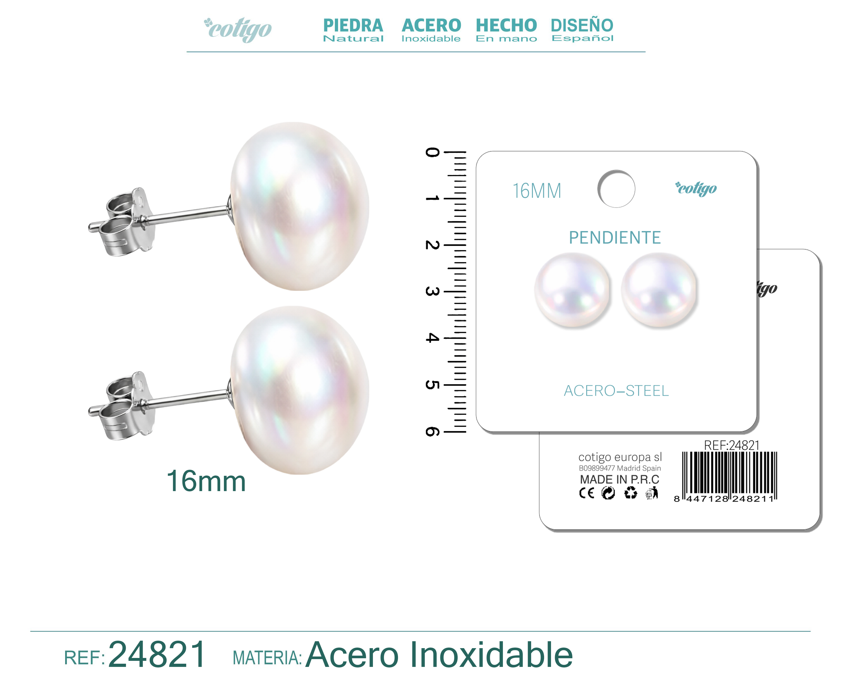 Pendiente de Perla Ovlada 16mm con Accesorio Acero