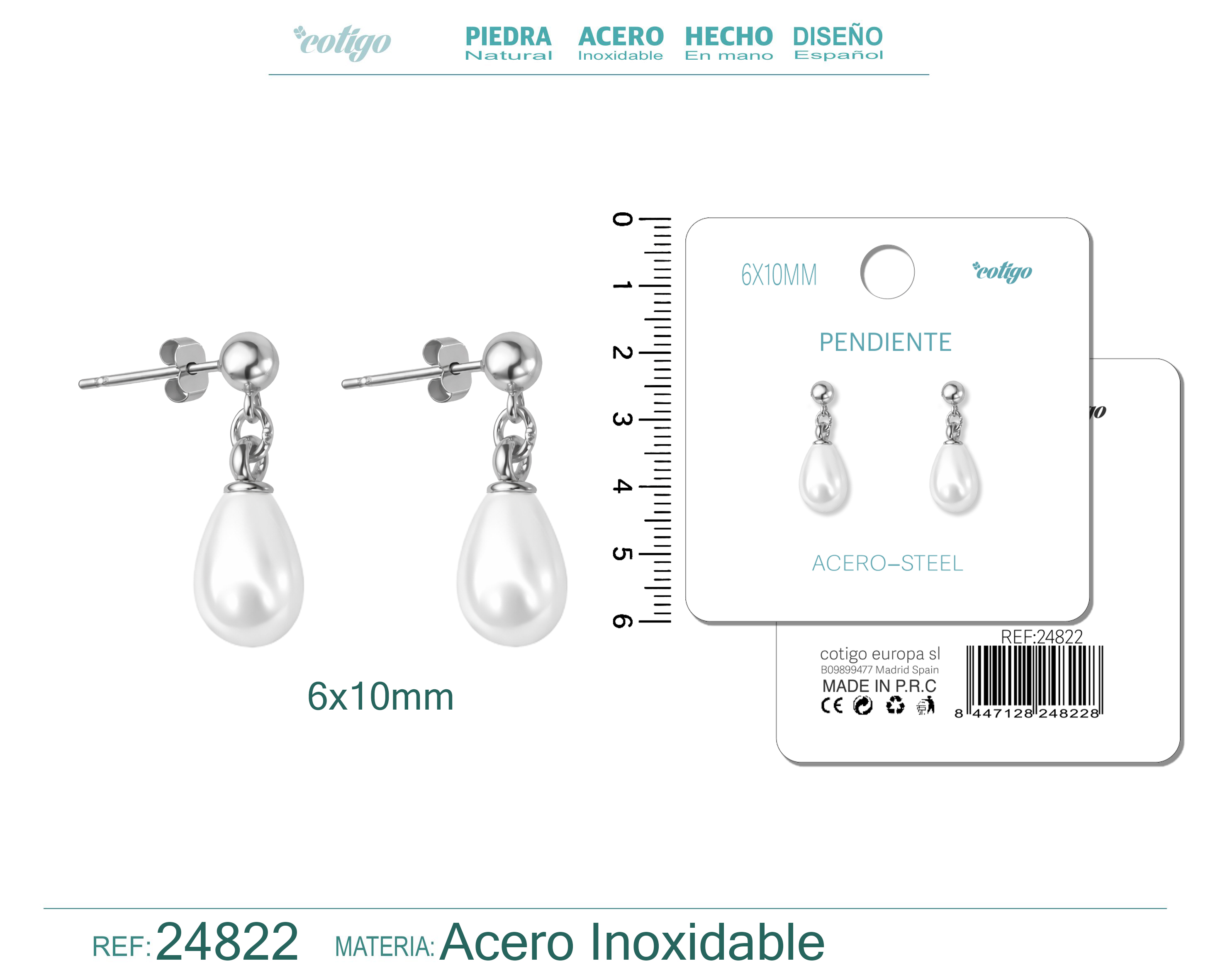 Pendiente de Perla Gotita 6x10mm con Accesorio Acero