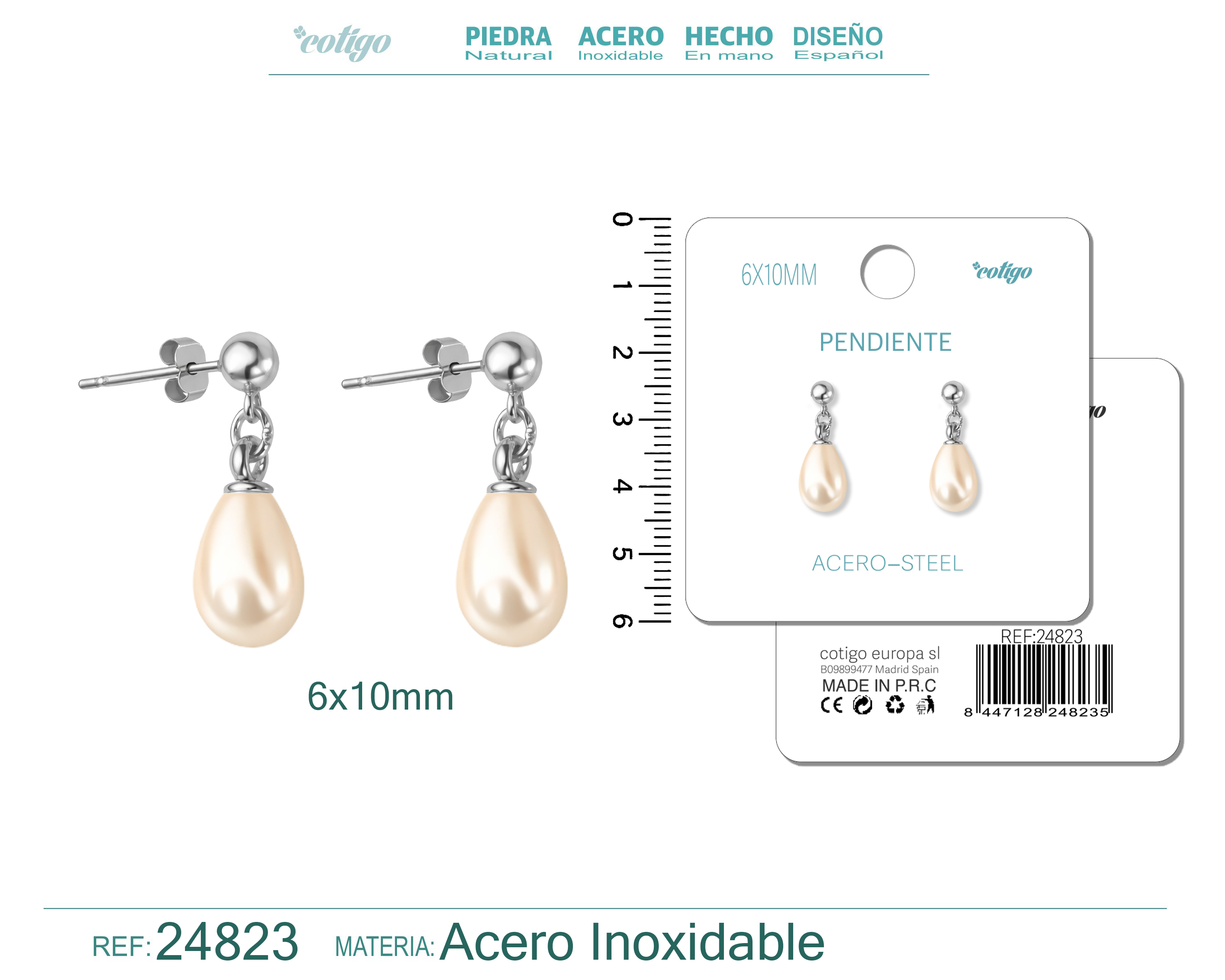 Pendiente de Perla Gotita 6x10mm con Accesorio Acero
