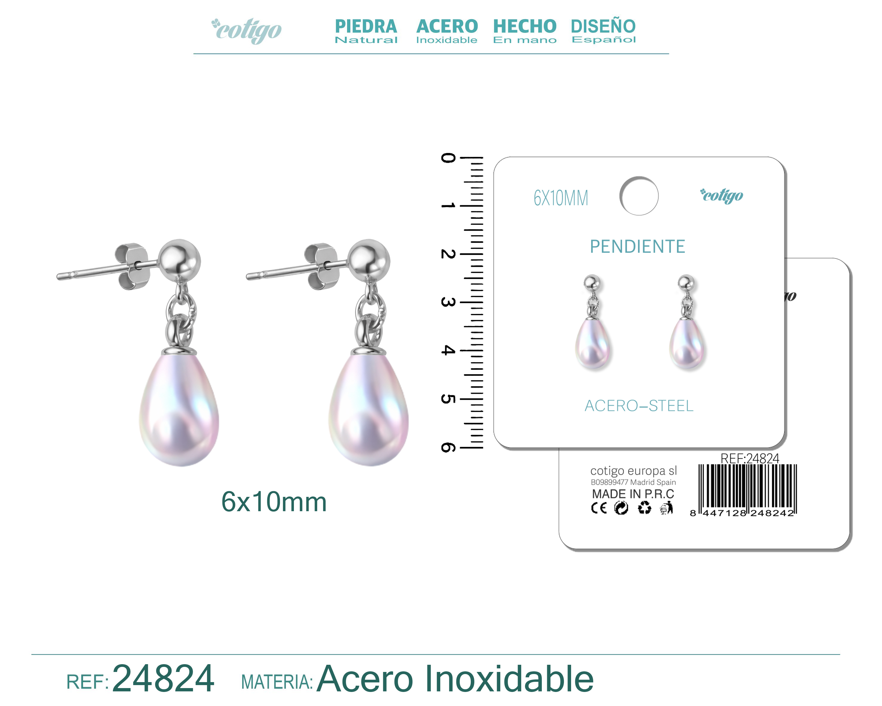 Pendiente de Perla Gotita 6x10mm con Accesorio Acero