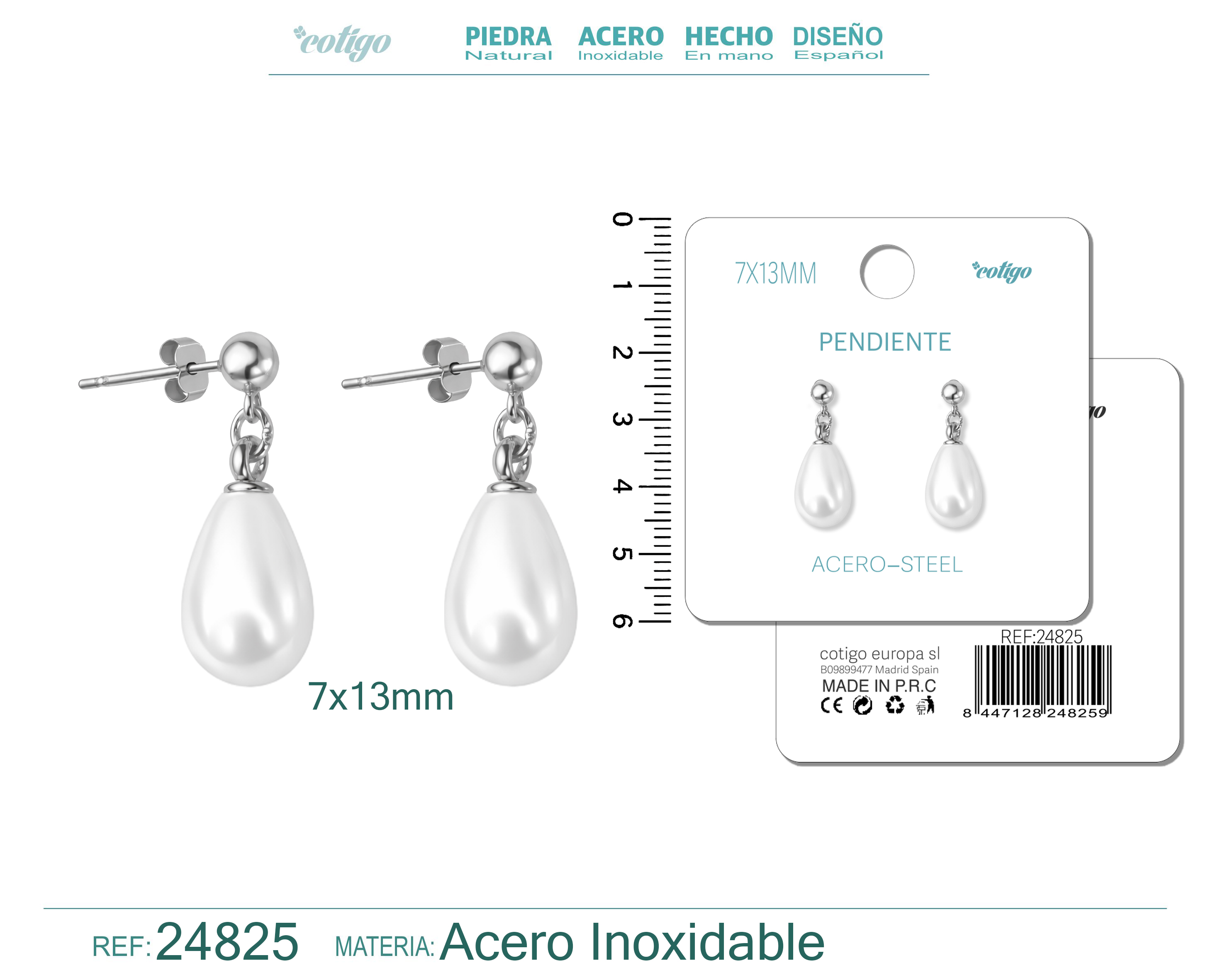 Pendiente de Perla Gotita 7x13mm con Accesorio Acero