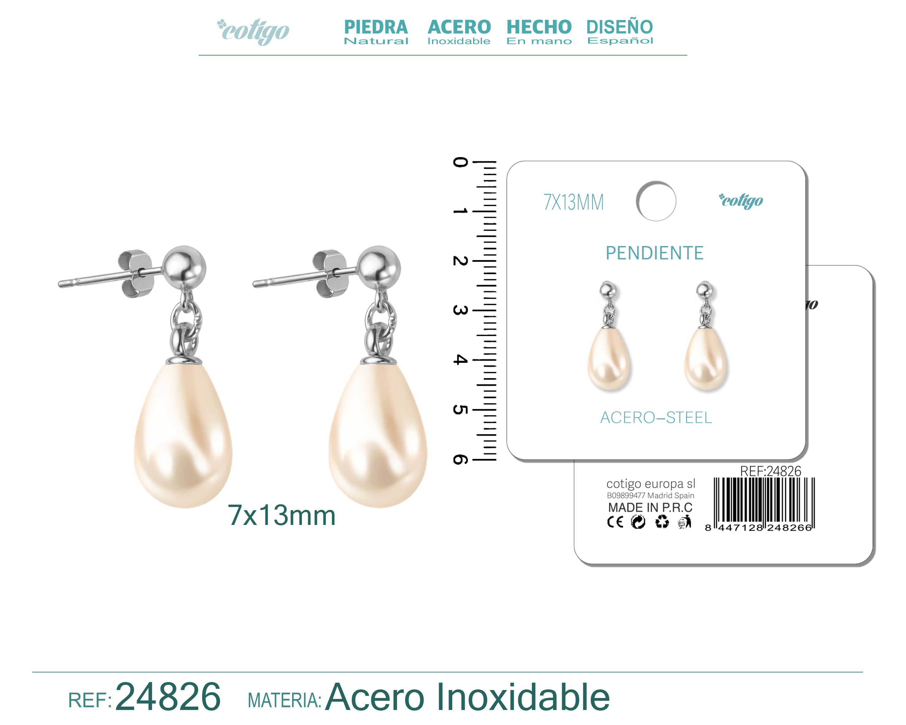 Pendiente de Perla Gotita 7x13mm con Accesorio Acero