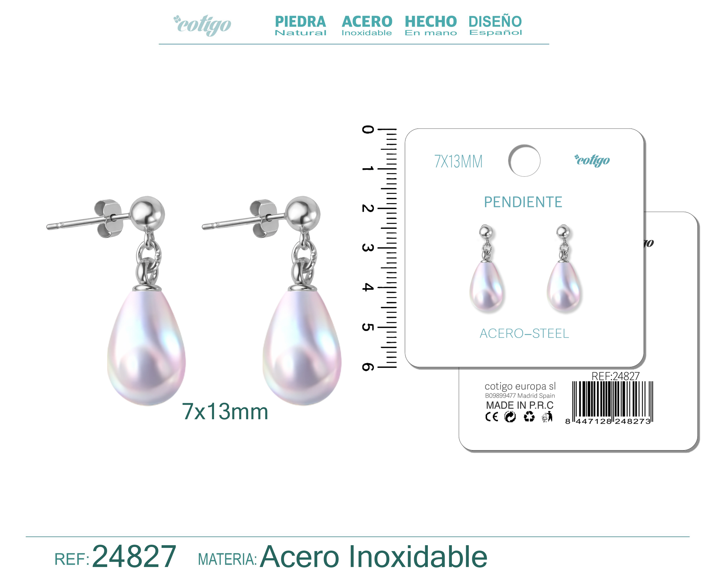 Pendiente de Perla Gotita 7x13mm con Accesorio Acero