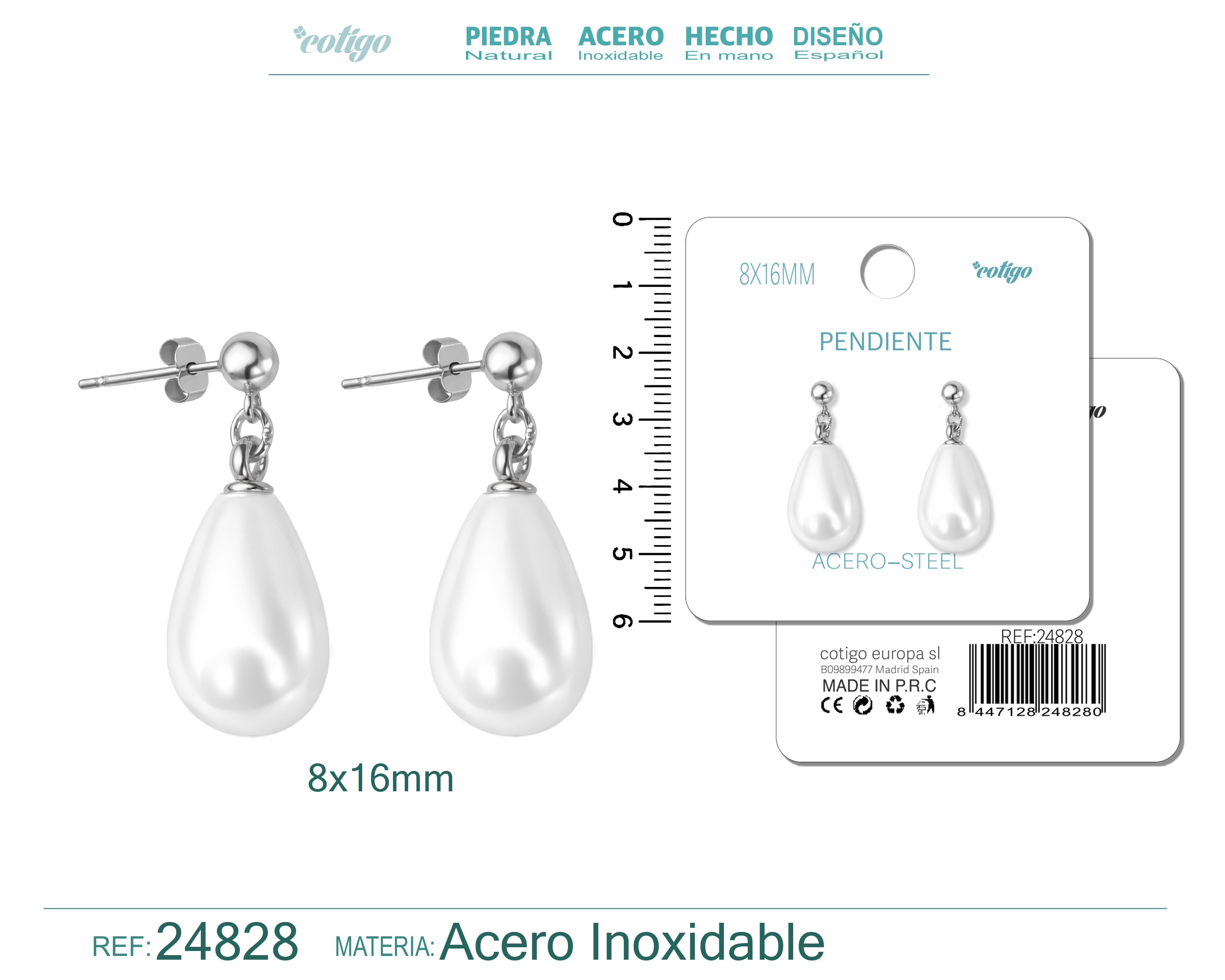 Pendiente de Perla Gotita 8x16mm con Accesorio Acero