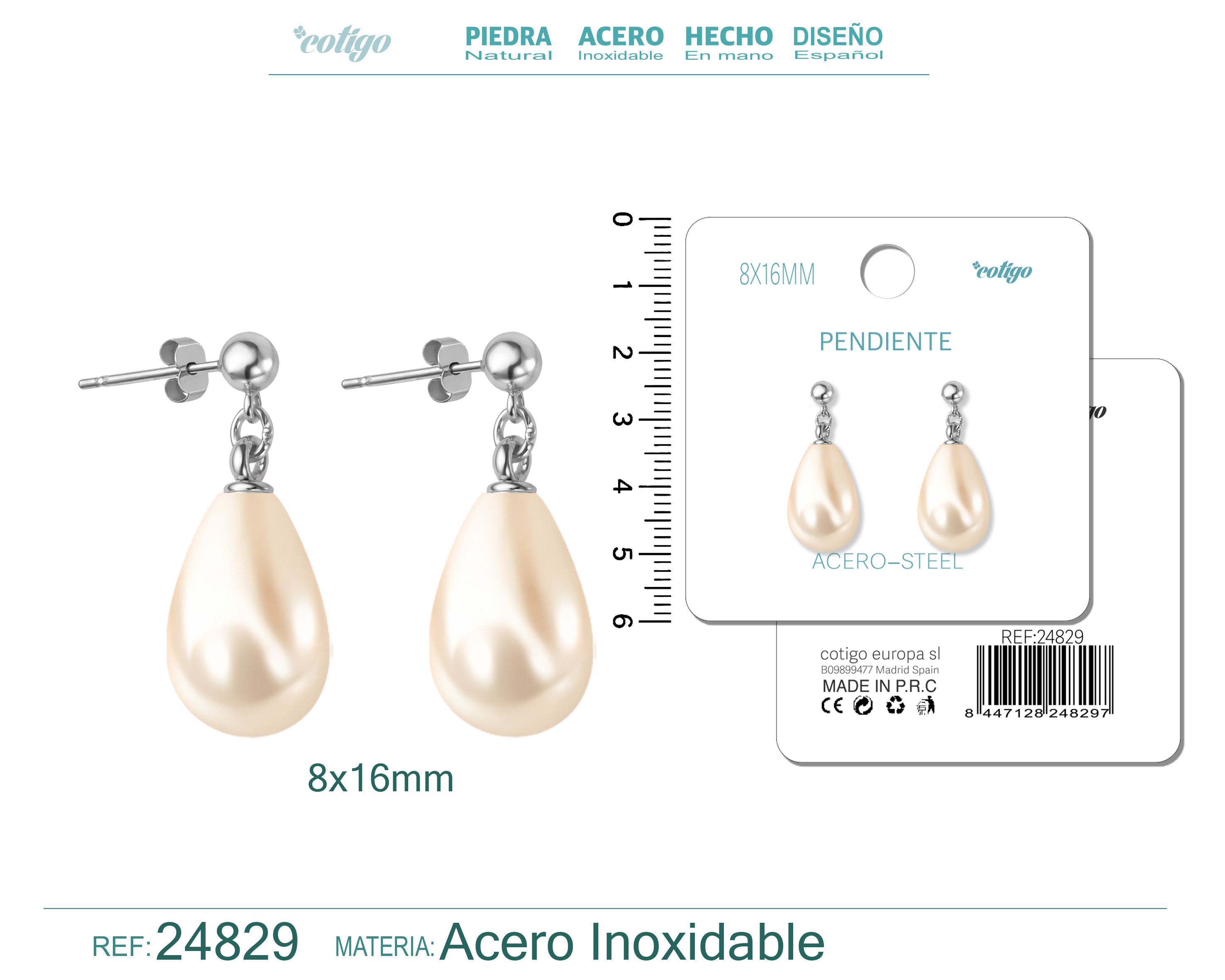 Pendiente de Perla Gotita 8x16mm con Accesorio Acero