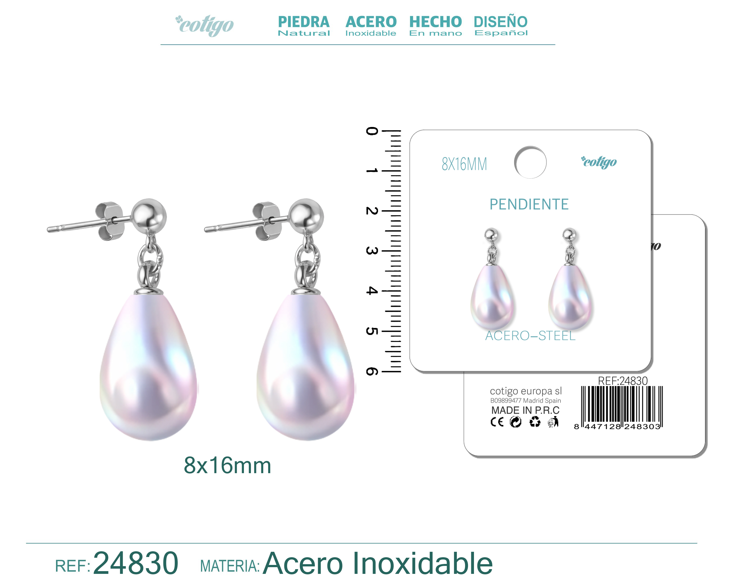 Pendiente de Perla Gotita 8x16mm con Accesorio Acero