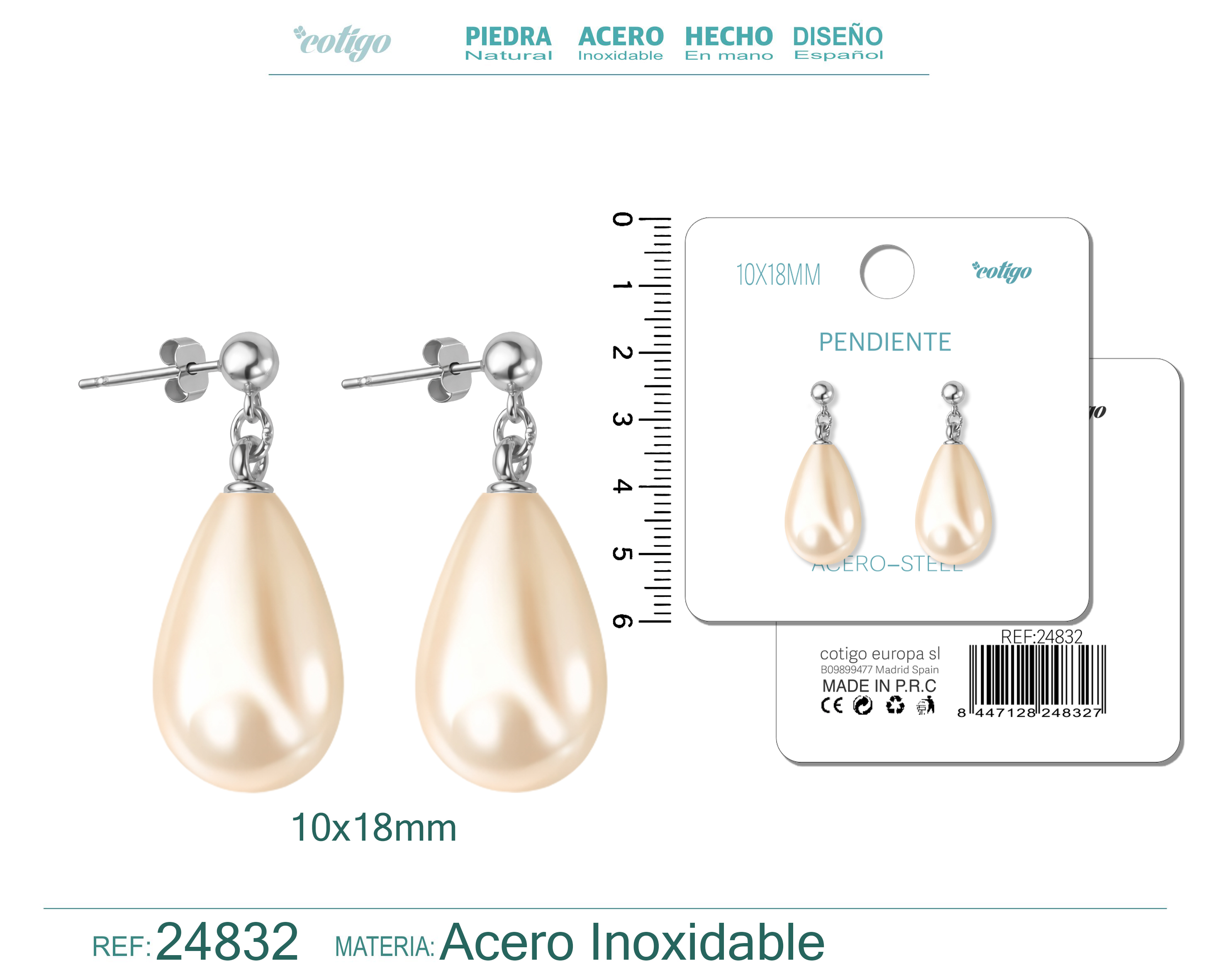 Pendiente de Perla Gotita 10x18mm con Accesorio Acero