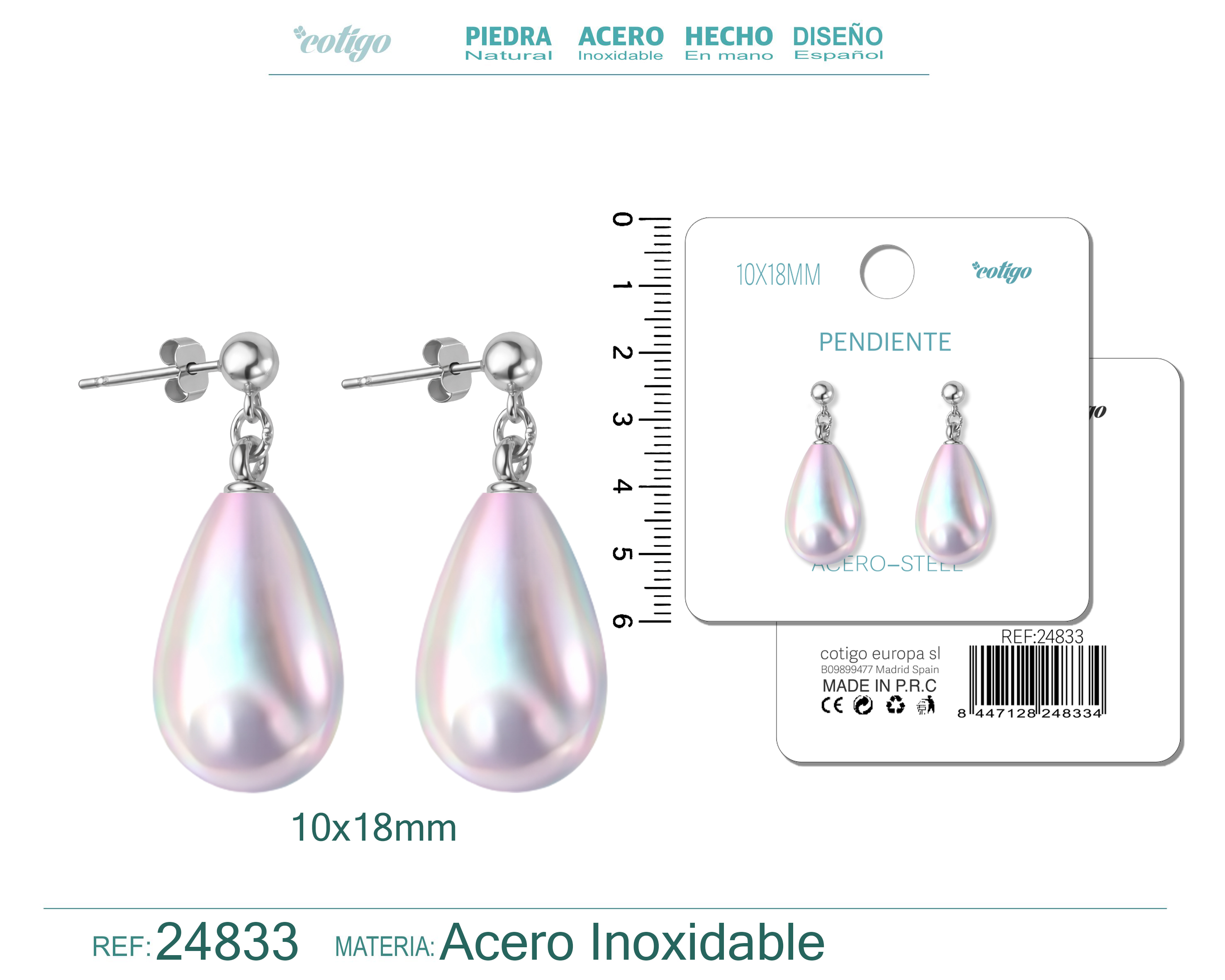 Pendiente de Perla Gotita 10x18mm con Accesorio Acero