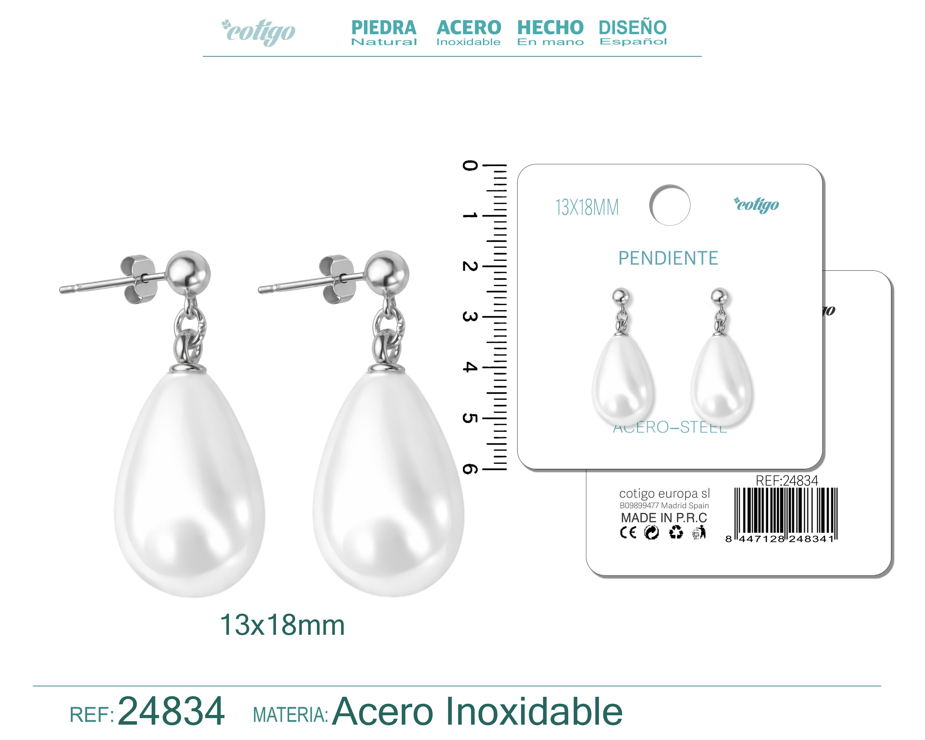 Pendiente de Perla Gotita 13x18mm con Accesorio Acero