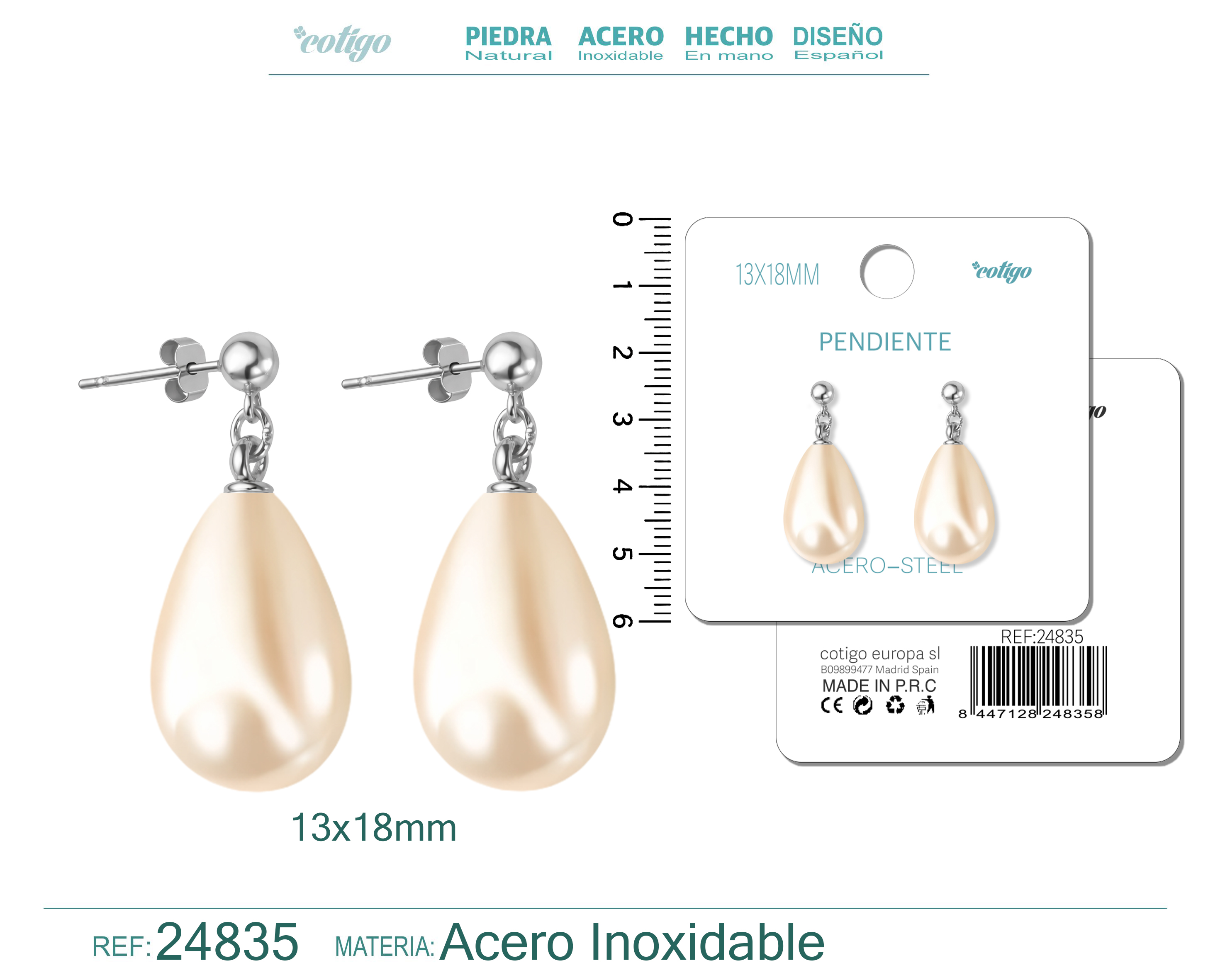 Pendiente de Perla Gotita 13x18mm con Accesorio Acero