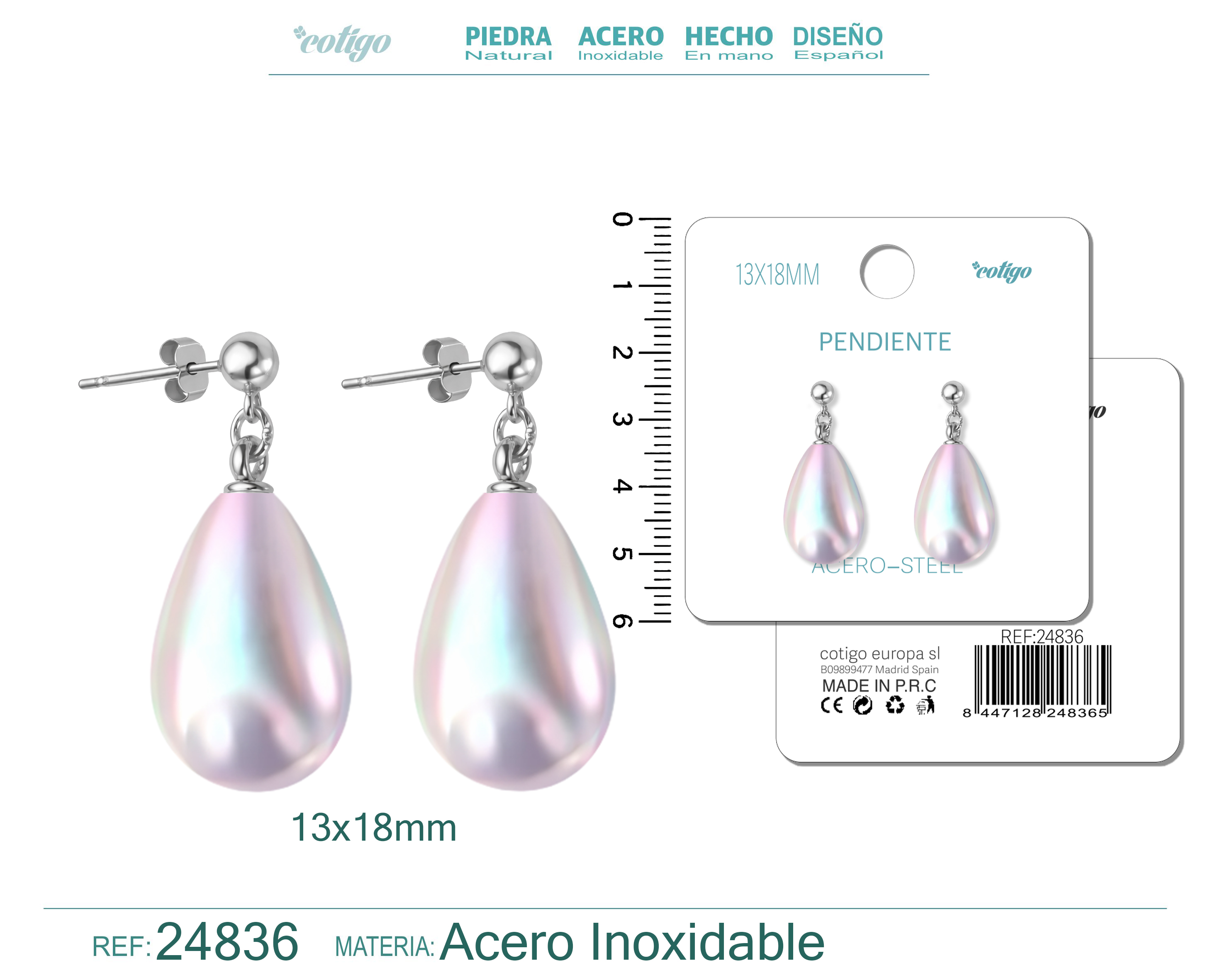 Pendiente de Perla Gotita 13x18mm con Accesorio Acero