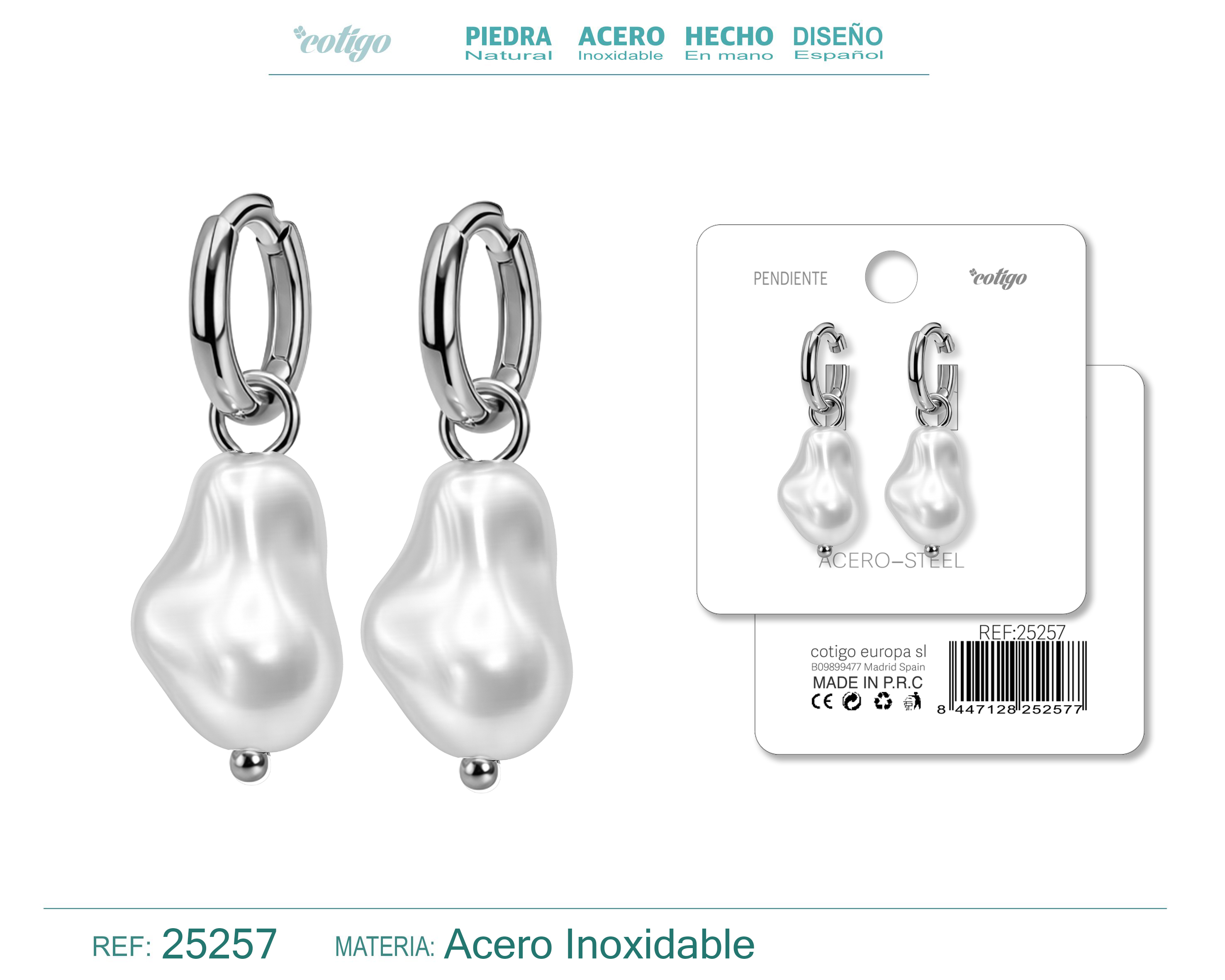 Pendientes de perlas Balotelli con Aro Acero Color Plateado