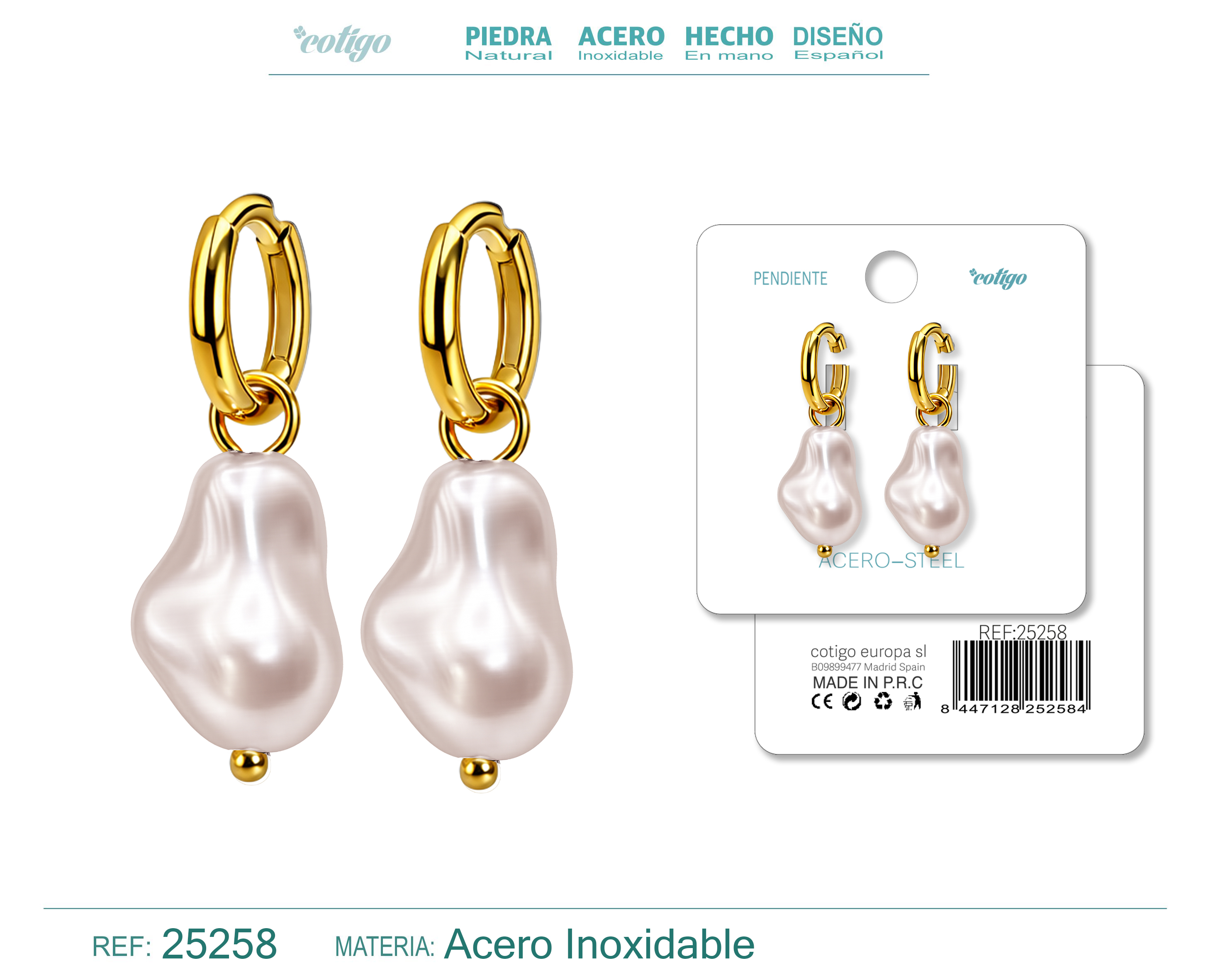 Pendientes de perlas Balotelli con Aro Acero Color Dorado