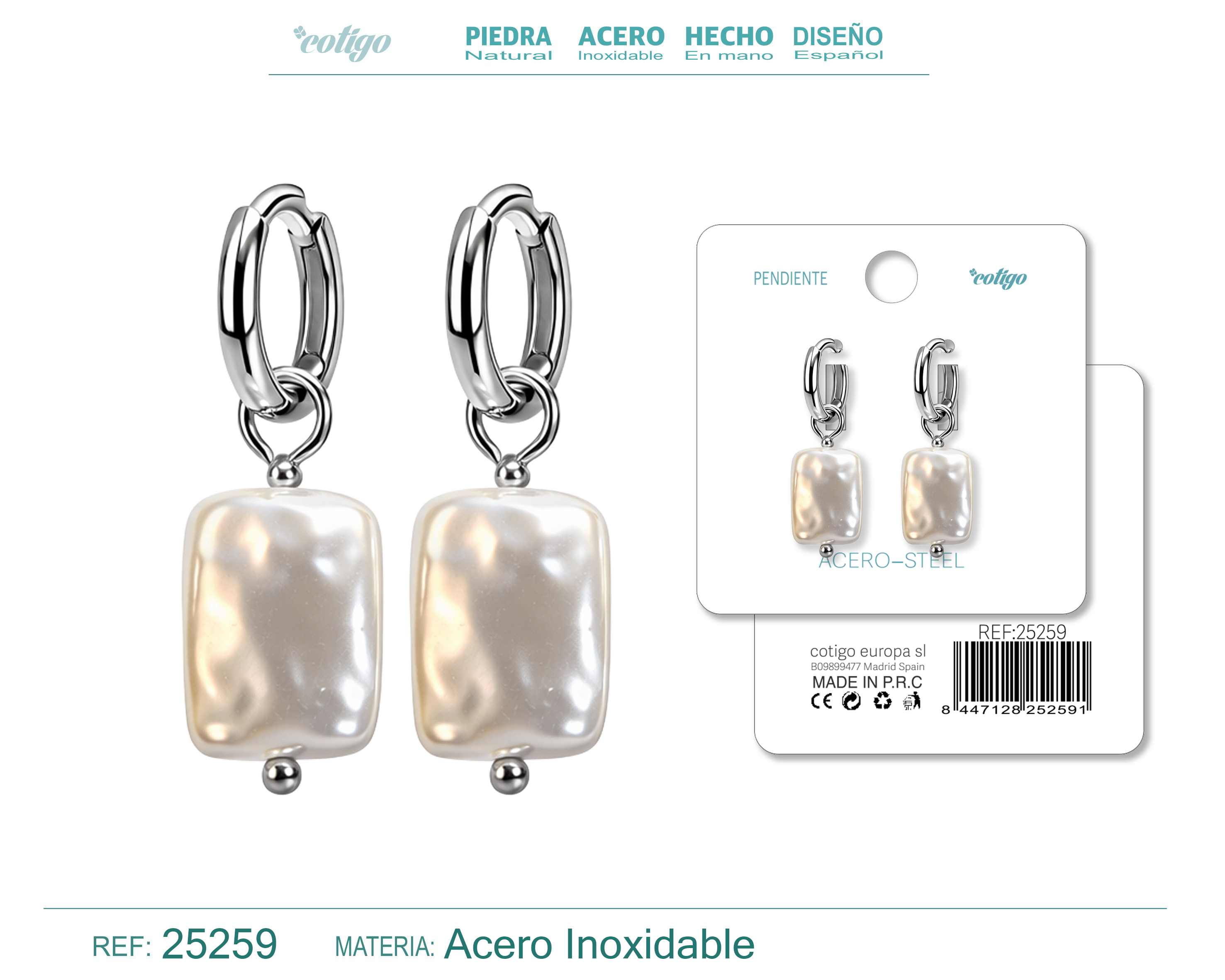Pendientes de perlas Balotelli con Aro Acero Color Plateado