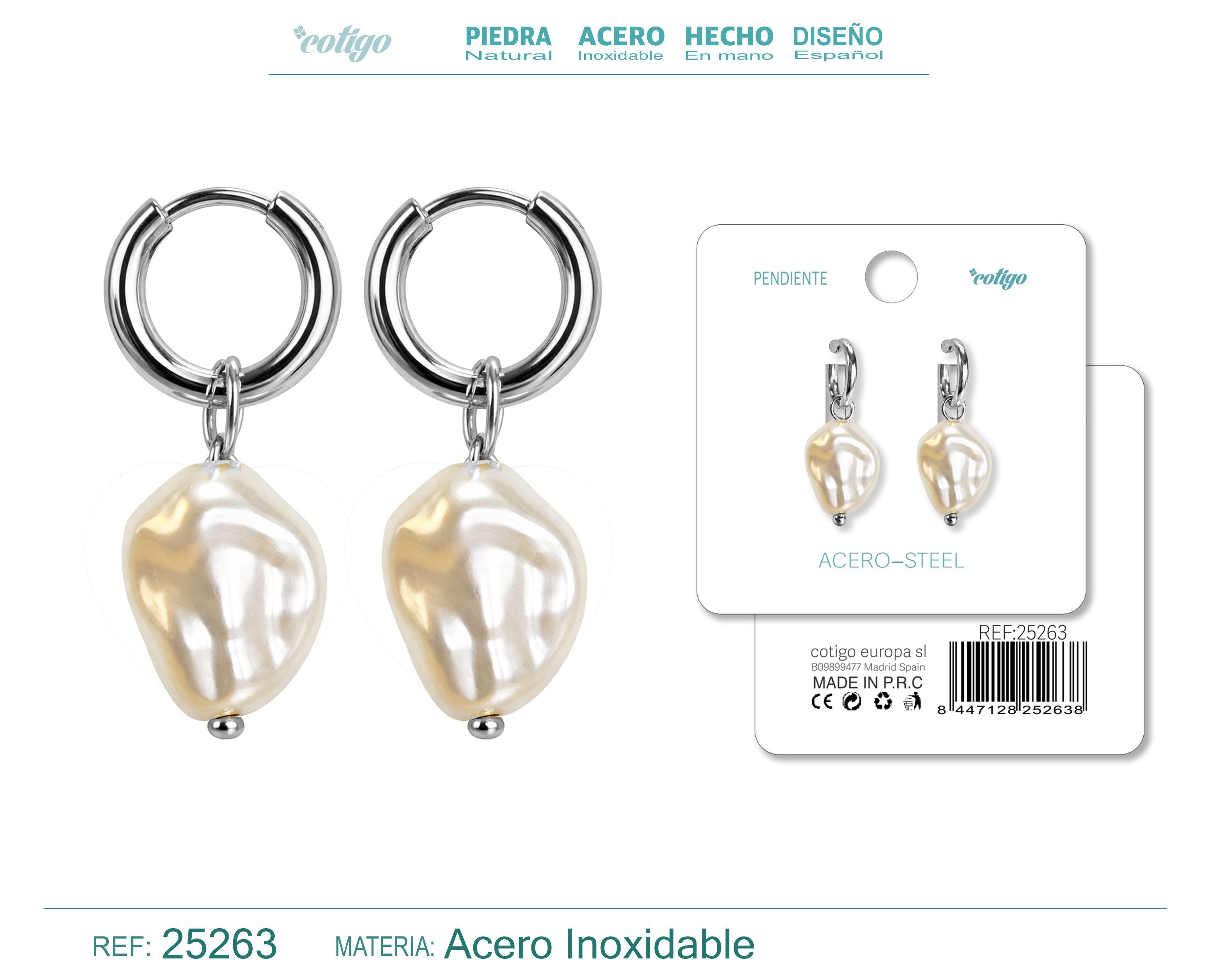 Pendientes de perlas Balotelli con Aro Acero Color Plateado