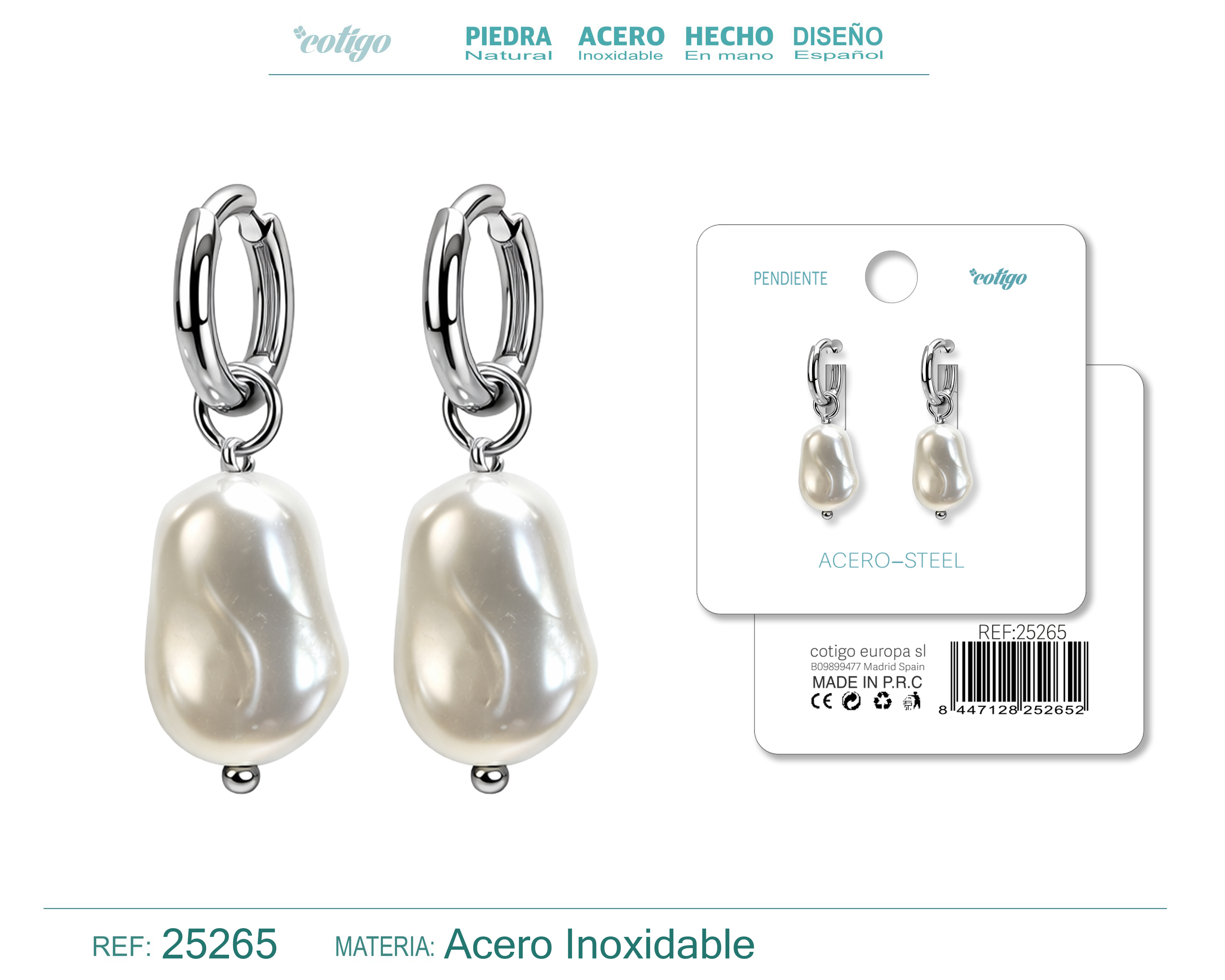 Pendientes de perlas Balotelli con Aro Acero Color Plateado