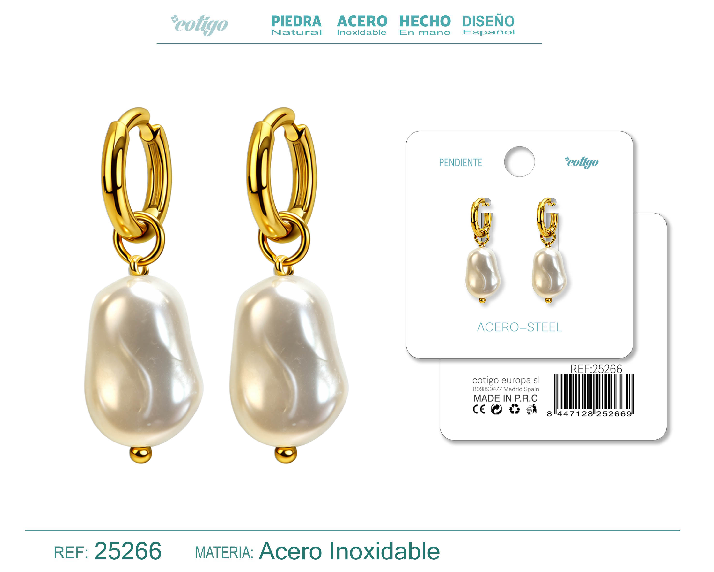 Pendientes de perlas Balotelli con Aro Acero Color Dorado
