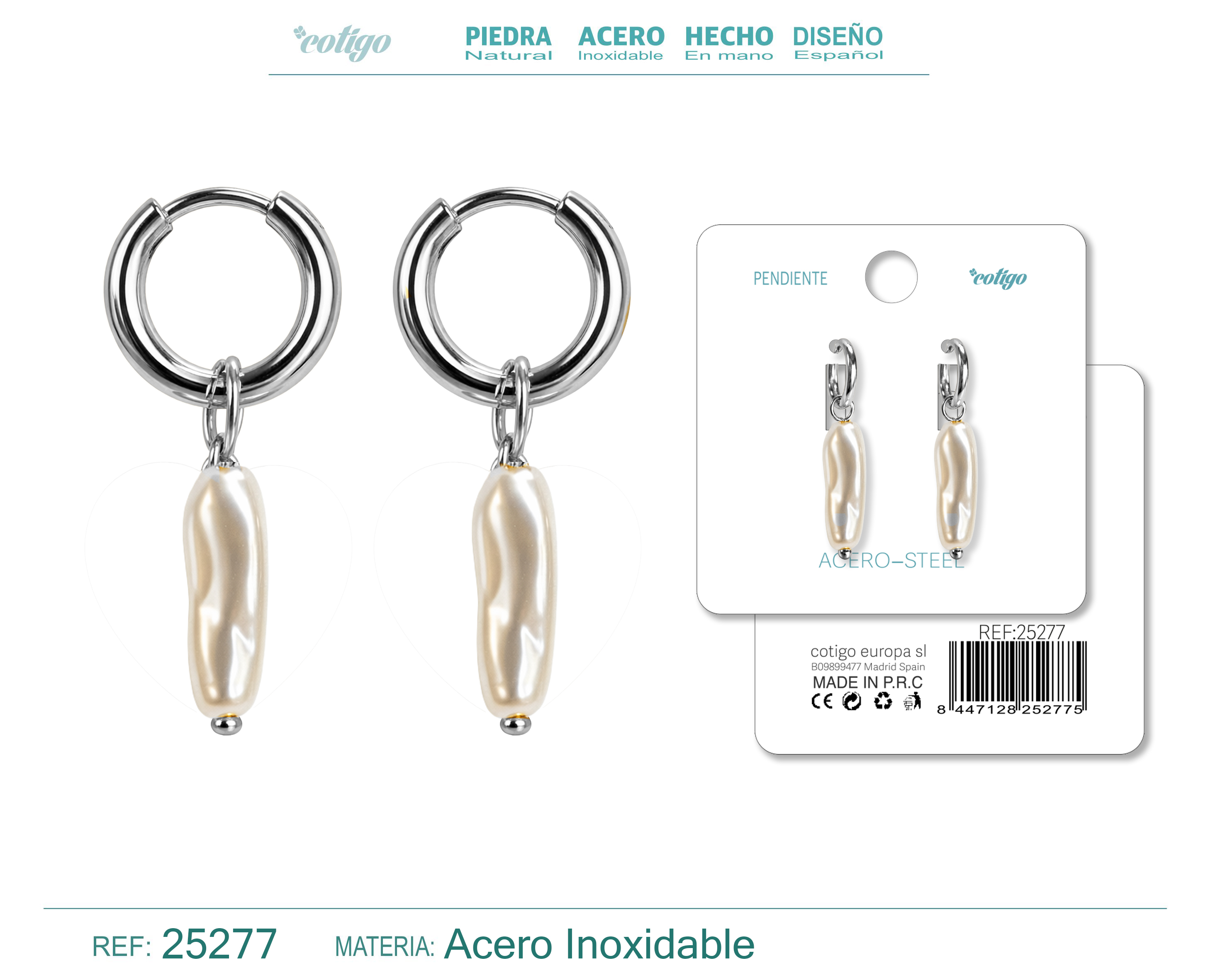Pendientes de perlas Balotelli con Aro Acero Color Plateado